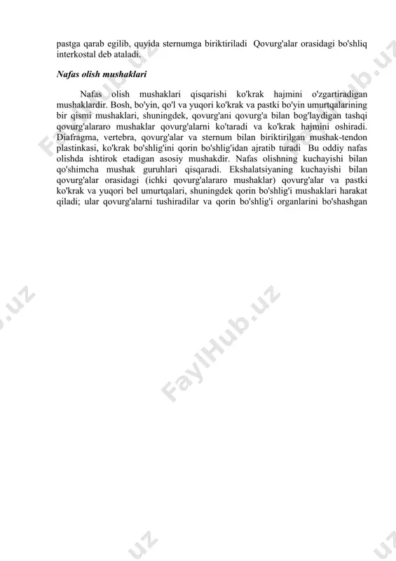 fasi va undagi o'pka hajmi oshadi; shu bilan birga, ulardagi bosim pasayadi va havo havo yo'llari orqali o'pka alveolalariga kiradi. ekspiratsiya mexanizmi nafas olish vaqtida odamning nafas olish mushaklari bir qator kuchlarni engadi: 1) yuqoriga ko'tarilgan qovurg'alarning og'irligi; 2) kosta xaftagalarining elastik qarshiligi; 3) qorin bo'shlig'i va qorin ichki a'zolari devorlarining qarshiligi, diafragmaning tushayotgan gumbazi tomonidan pastga bosiladi. nafas olish tugallanganda va nafas olish mushaklari bo'shashganda, bu kuchlar ta'sirida qovurg'alar pastga tushadi va diafragma gumbazi ko'tariladi. natijada ko'krak qafasining hajmi kamayadi. shunday qilib, ekshalasyon akti (ekspiratsiya) odatda mushaklarning ishtirokisiz passiv tarzda sodir bo'ladi. majburiy ekspiratsiya paytida ko'krak qafasining hajmini kamaytiradigan sanab o'tilgan kuchlar ichki qovurg'alararo mushaklar, orqa pastki serratus mushaklari va qorin bo'shlig'i mushaklarining qisqarishi bilan birlashtiriladi.ichki qovurg'alararo mushaklar qisqarganda, qovurg'alar pastga tushadi. qorin bo'shlig'i mushaklari qisqarganda qorin bo'shlig'i organlarini va diafragma gumbazini yuqoriga suradi.nafas olayotganda ko'krak qafasining hajmi va shunga mos ravishda o'pka kamayadi, alveolalardagi bosim kuchayadi va havo …
