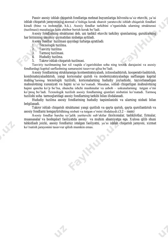 salmog’ini oshirish hisobida jihozlar tuzilmasini takomillashtirish;  bino va inshootlar, ochiq maydondagi qo’shimcha o’rnatilgan jihozlardan yaxshi foydalanish;  korxona qurilishi loyihalarini to’g’ri tuzish va uni yuqori sifatli qilib bajarish;  ortiq va kam ishlatuvchi jihozlarni tugatish va alohida guruhlar orasidagi mutanosiblikni ta’minlovchi jihozlarni o’rnatish. asosiy fondlarning aniq belgili tomonlari bu qiymatining yuqoriligi va xizmat muddati uzoqligidir. bundan tashqari bir vaqtning o’zida ilmiy texnika taraqqiyotiga va texnik daraja o’sishiga faol ta’sir etadi. yuqorida sanab o’tilgan guruxlarning nisbiy taqsimlanishi korxona ishlab chiqarish va texnik tuzilishini tashkil etadi. asosiy fondlar ishlab chiqarish jarayonida qatnashishiga qarab ishlab chiqarishga oid bo’lgan va ishlab chiqarishga oid bo’lmagan asosiy fondlarga bo’linadi(4.1.1 – rasm). 4.1.1– rasm. asosiy fondlarning bo’linishi ishlab chiqarishga oid asosiy fondlar ishlab chiqarish jarayonida ishtirok etadi. ularga korxona binolari, kuch uzatuvchi moslamalar, mashina va qurilmalar, o’lchov asboblari, laboratoriya asboblari kiradi. ishlab chiqarishga oid bo’lmagan asosiy fondlar korxonaga xizmat ko’rsatuvchi soxaga qarashli bo’lgan imorat va inshoatlar, …