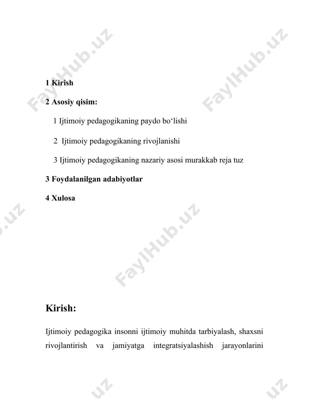 inib, uning jamiyat taraqqiyotidagi o‘rni va ahamiyati tahlil etiladi. 1. ijtimoiy pedagogikaning paydo bo‘lishi ijtimoiy pedagogika - bu ta'lim va tarbiyaning ijtimoiy jihatlarini o‘rganadigan fan sohasi bo‘lib, uning paydo bo‘lishi va rivojlanishi uzoq tarixiy jarayonlar natijasi hisoblanadi. ijtimoiy pedagogika g‘oyalari qadim zamonlardan boshlab turli jamiyatlarda mavjud bo‘lgan va ularning rivojlanishi turli davrlarda turlicha kechgan. ijtimoiy pedagogikaning ilk tamoyillari qadimgi yevropa, xususan, grek va rim jamiyatlarida ko‘rish mumkin. bu davrlarda platon va arastu kabi buyuk faylasuflar ta'lim va tarbiyaning ijtimoiy ahamiyatini tan olgan va bu borada asosiy g‘oyalarni ilgari surganlar. platonga ko‘ra, jamiyatni boshqarish uchun aql-zakovatli rahbarlarni tayyorlash zarur, va bu ish ijtimoiy pedagogika orqali amalga oshirilishi lozim edi. arastu esa ta'lim berish jarayonida shaxsning ijtimoiy rolini aniqlash va jamiyatga foydali a'zo etib yetishtirish lozimligini ta'kidlagan. o‘rta asrlarda yevropada xristianlikning keng tarqalishi bilan birga ijtimoiy pedagogikaning rivojlanishida cherkovning ahamiyati katta bo‘lgan. cherkov ijtimoiy qadriyatlarni shakllantirish va tarqatishda muhim rol o‘ynagan. bu …