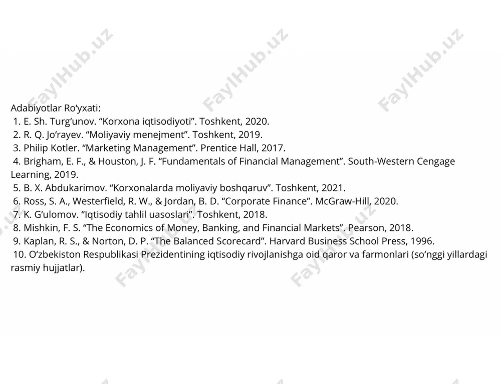 aviy boshqaruv tizimining samarasi pastligi. yechimlar va rivojlanish strategiyalari iqtisodiy samaradorlikni oshirish ishlab chiqarish jarayonlarini optimallashtirish, xarajatlarni kamaytirish, resurslarni samarali taqsimlash, ishchilarning malakasini oshirish va texnologiya yangiliklarini joriy etish. innovatsion loyihalarga sarmoya kiritish yangi texnologiyalarni qo‘llash, innovatsion loyihalarga sarmoya kiritish, raqobatbardoshlikni oshirish, yangi mahsulotlarni ishlab chiqish va bozorga kirish imkoniyatlarini kengaytirish. moliyaviy barqarorlikni ta'minlash moliyaviy rejalashtirishni takomillashtirish, investitsiya strategiyasini shakllantirish, moliyaviy xavflarni boshqarish tizimini takomillashtirish, moliyaviy resurslarni samarali ishlatish va daromadlarni oshirish. kelgusi rivojlanish rejalari 1 3 2 yangi bozorlarni egallash korxonaning mahsulotlarini yangi bozorlarga chiqarish strategiyasini ishlab chiqish, chet ellik sheriklar bilan hamkorlikni rivojlantirish, bozorni tahlil qilish, marketing strategiyasini yaratish. ishlab chiqarish hajmini oshirish va yangi mahsulotlarni ishlab chiqish ishlab chiqarish quvvatlarini kengaytirish, yangi mahsulotlarni yaratish va ularni bozorga chiqarish, marketing strategiyasini takomillashtirish va raqobatbardoshlikni oshirish. uzoq muddatli moliyaviy strategiyalarni ishlab chiqish uzoq muddatli maqsadlarni belgilash, investitsiya rejalashtirish, moliyaviy resurslarni samarali taqsimlash, xarajatlarni nazorat qilish va daromadlarni oshirish strategiyasini …