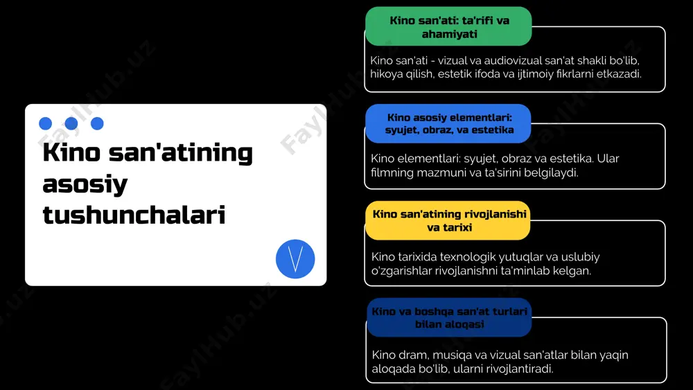 sanoati rivojlanmoqda. kino kelajakda innovatsiyalar va yangi imkoniyatlar bilan kengaymoqda, insonlarni ilhomlantiruvchi va birlashtiruvchi kuch sifatida qoladi. kino san'ati va industriyasi kelajakda ham rivojlanishda davom etadi. u madaniyatlararo almashinuvni kuchaytiradi, yosh ijodkorlar uchun imkoniyatlar yaratadi va iqtisodiy o'sishga hissa qo'shadi. raqamli texnologiyalar va global platformalar bilan kino yangi bosqichga o'tmoqda. foydalanilgan adabiyotlar 1. o‘zbekiston kinosi: tarix va rivojlanish. o‘zbekiston milliy kitobxonasi, 2020. 2. mustafaev a. kino san'ati va texnologiyalari. toshkent: o‘zbekiston davlat universiteti, 2018. 3. qodirov a. zamonaviy kino ishlab chiqarish jarayonlari. kino va teatr nashri, 2021. 4. iskandarov b. kino industriyasining iqtisodiy asoslari. o‘zbekiston respublikasi madaniyat vazirligi, 2019. 5. yusupov d. kino estetikasi va uning rivojlanishi. toshkent: san'at va madaniyat nashriyoti, 2017. e'tiboringiz uchun rahmat! thank you! thank you! thank you! thank you! thank you! thank you! thank you! thank you! designed by slides carnival image9.png image10.png image11.png image12.png image13.png image14.png image1.png image2.png image3.png image4.png image5.png image6.png image7.png image8.png …