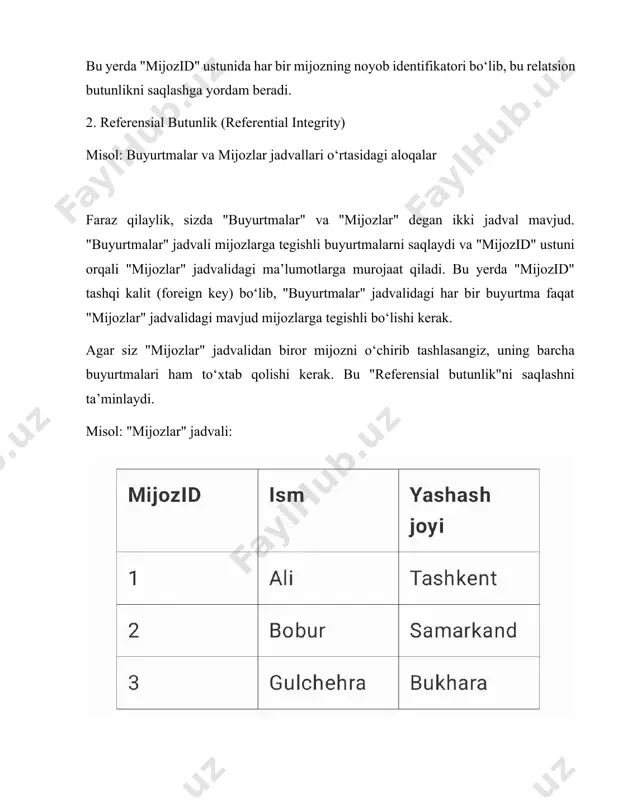 com) belgilanishi kerak. misol: "mijozlar" jadvali: agar foydalanuvchi noto‘g‘ri formatdagi telefon raqamini yoki email manzilini kiritishga harakat qilsa, tizim buni qabul qilmaydi va xato xabarini beradi. 4. null butunlik (null integrity) misol: manzillarda null qiymatlar: faraz qilaylik, siz "mijozlar" jadvalida mijozlarning manzillarini saqlamoqchisiz. biroq, ba’zi mijozlar manzilini kiritmagan bo‘lishi mumkin. manzilni null (bo‘sh) qoldirish mumkin bo‘lsa-da, ba’zi ustunlar uchun, masalan, "ism" yoki "telefon" kabi, null qiymatlarni kiritish man etilgan bo‘lishi mumkin. agar "telefon" ustuni uchun not null cheklovi o‘rnatilgan bo‘lsa, bu ustunga bo‘sh yoki null qiymat kiritishga ruxsat berilmaydi. misol: agar "telefon" ustunida not null cheklovi bo‘lsa, 2-chi mijozning telefon raqami bo‘sh bo‘lishi mumkin emas. relatsion butunlikning turlari. relatsion butunlikning uch turi mavjud. bular: 1. mohiyatlar butunligi; 2. semantik butunlik va 3. havola butunligi. 1. relatsion butunlikning bir turi bo‘lgan mohiyatlar butunligi (entity integrity) relatsion ma’lumotlar bazalarida asosiy prinsip hisoblanadi. u quyidagi qoida asosida ishlaydi: 1. asosiy kalit (primary key) …