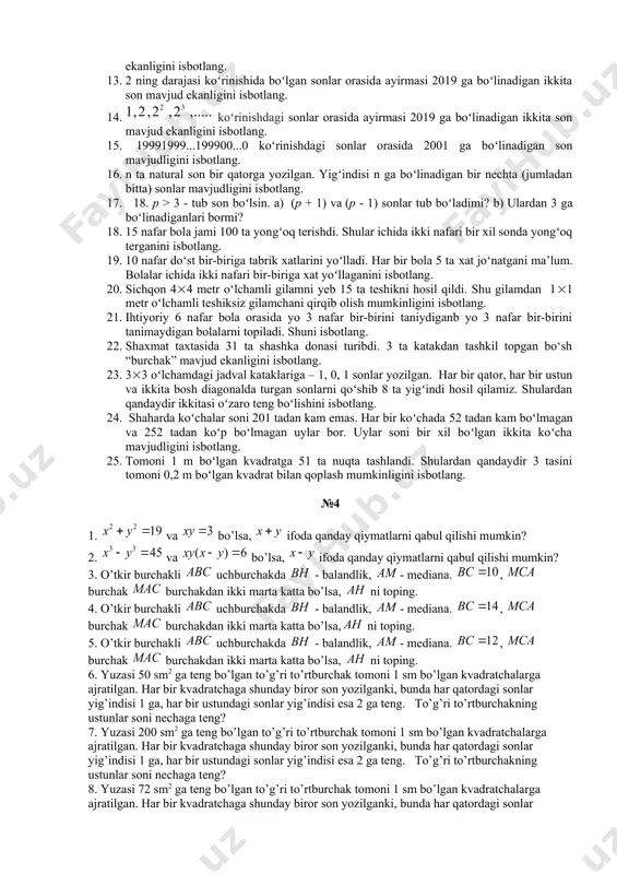 rasida familiyalari bir xil harfdan boshlanadigan kamida ikki nafar oʻquvchi mavjudligini isbotlang. 8. qopda bir nechta oq va bir nechta qora sharlar bor. shu qopdan qaramasdan eng kamida nechta shar olganimizda, ular ichida albatta bir xil rangli sharlar mavjud boʻladi? 9. oʻrmonda 800000 ta daraxt oʻsmoqda. har bir daraxtda 500000 tadan kam yaproq bor. yaproqlari soni bir xil boʻlgan ikkita daraxt mavjudligini isbotlang. 10. koʻp qavatli uyda 40 nafar oʻquvchi yashaydi. 4 ta oʻquvchi toʻgʻilgan kunini nishonlaydigan biror oy mavjudligini isbotlang. 11. doʻkonga 3 ta navdagi olmalar solingan 25 ta idish olib kelindi (har bir idishdagi olmalar bir xil navda) . qandaydir navli olma solingan 9 ta idish mavjudligini isbotlang 12. qopda 4 ta oq va 2 ta qora sharlar bor. shu qopdan eng kamida nechta shar qaramasdan olganimizda, ular ichida albatta a) 1 oq ; b) 1 ta qora ; c) 1 ta oq va 1 ta qora ; …