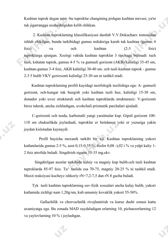 antirish va kuruz dasht zonasi katta axamiyatga ega. bu zonada mad xaydaladigan erlarning 10, pichanzorlarning 12 va yaylovlarning 10 % i joylashgan. dexkonchilik uchun ancha nokulay bulgan zonaning janubiy kismidagi och tusli kashtan tuproklar tarkalgan maydonlar asosan, chorvachilikda yaylov sifatida foydalaniladi. tuk tusli va kashtan guproklarning sugoriladigan va suyurilmaydigan erlarida galla, kungabokar, sabzavot va boshka ekinlar ekilib yukori xosil olinadi. 3. kungar tusli tuproklar chala chullar zonasining asosiy guprok tipi sanaladi va utlok-dasht kungar tusli tuproklar xamda iurtoblar kompleksi bilan birga kariyib 94 mln.gani tashkil tadi. kungar tusli tuproklar asosan kaspiy va orol dengizining pimoliy kirgoklari builab, xamda kozoriston past-tekisligining kanubiy kismida tarkalgan. iqlimi. iklimi kuruk va kontinental. yillik urtacha (arorat 6-7 s: iyul oyida 21-27 s, yanvar oyida -10 - 15 s ni tashkil etadi. yozi kuruk va issik, uzok vakt davom etadi. kishi sovuk va kam korli. yoganlarning yillik mikdori 100-250 mm. buglanish yoganlarga nisbatan 4-5 marta kup. …