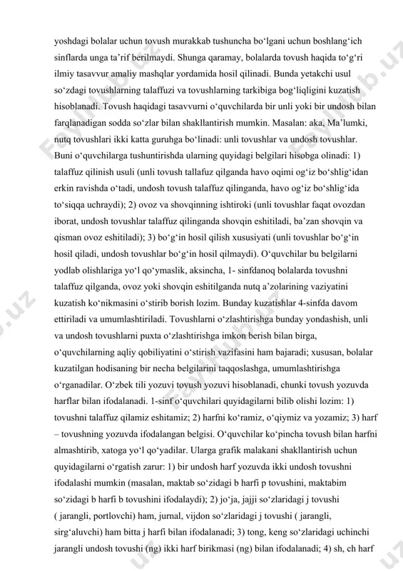 ashga unli va undoshlarning qator va yonma-yon kelishini o‘rgatish ularda yuzaga keladigan yozma va nutqiy xatolarni oldini olishga yordam beradi va ularning bilim saviyasini oshirishga ko‘maklashadi. inson tug‘ilibdiki o‘z ona tili bilan yashaydi va uni hayoti davomida ishlatadi, rivojlantiradi va kamol topadi. shunday ekan bizning ona tilimiz bizga kerak bo‘lgan eng muhim vositalardan biri hisoblanadi. boshlang‘ich sinf o‘qituvchilari kelajak avlodga ona tilimizni o‘rgatayotganda juda ma’suliyatli bo‘lishlari zarur. bolalar har bir ishlatayotgan so‘zlari va uni to‘g‘ri talaffuz qilishni bilishlari va uni idrok qila olishi lozim. o‘zbekiston kelajagi yoshlar qo‘lidadir. ularni kamol toptirishda ustoz va murabbiylarning o‘rni beqiyosdir. i.bob. o‘qish darslarining maqsad va vazifalari, ta’lim-tarbiyaviy ahamiyati 1.1. kichik yoshdagi o‘quvchilarning she’rni idrok etishdagi psixologik xususiyatlari she’riy ohangni his qilmaslik, matn so’zlarini to’la tushunib yetmaslik she’r yodlashni zerikarli mashg`ulotga aylantiradi. ma`nosi anglanmagan matnni yodlash oson kechmaydi. 4-sinfda q. hikmatning “qish to’zg`itar momiq par” she’rini o’rganishda albatta tabiat manzaralarini izohlash talab etiladi. she’rni o’qishdan …