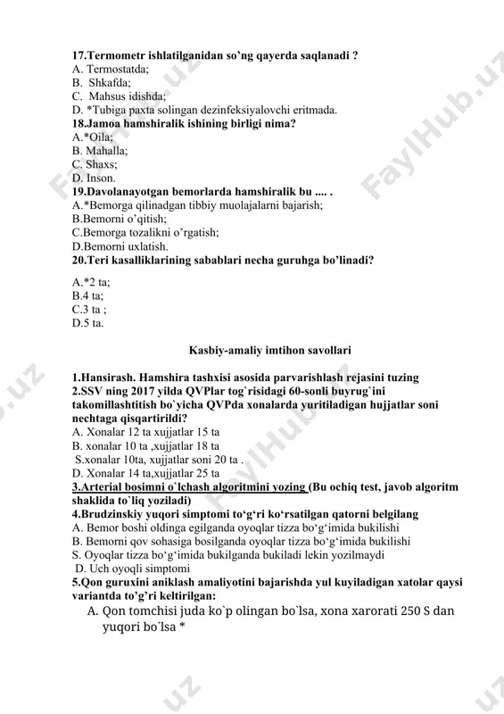 lganda oyoqlar tizza bo‘g‘imida bukilishi s. oyoqlar tizza bo‘g‘imida bukilganda bukiladi lekin yozilmaydi d. uch oyoqli simptomi 5.qon guruxini aniklash amaliyotini bajarishda yul kuyiladigan xatolar qaysi variantda to’g’ri kеltirilgan: a. qon tomchisi juda ko`p olingan bo`lsa, xona xarorati 250 s dan yuqori bo`lsa * b. zardob tomchisi qon tomchisidan kichik bo`lsa, xona xarorati 250 s dan past bo`lsa c. qon tomchisi zardob tomchisidan kichik bo`lsa, xona xarorati -100 s dan yuqori bo`lsa d. qon tomchisi zardob tomchisidan kichik bo`lsa,xona xarorati -100 s.dan past bo`lsa 6.qariyalarda miokard infarkti xurujida qanday shoshilinch yordam korsatiladi a. bemor yarim utirgan holda yotishi, kalsiy xlor 10%-10 ml tomir ichiga, kalsiy glyukonat 10%-10 ml tomir ichiga yuboriladi.. vikasol. 1% li eritmasi 1 ml dan muskullar orasiga yuboriladi. askorbin kislota. 5% li eritmasi 1-3 ml miqdorida parenterial yul bilan yuboriladi. b.* qatiy yotish tartibi. nitrogliserin -1tabletkadan til tagiga tashlanadi, xar 5-minutda 3-martagacha. dimedrol 1% li eritmasi 1-5 …