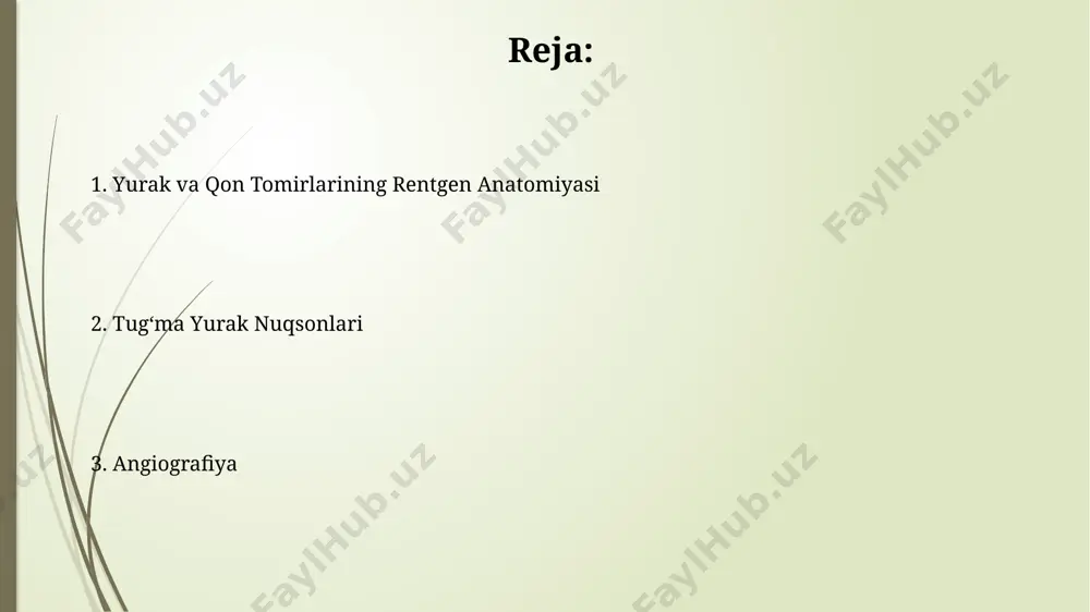 li subtraktiv angiografiya (dsa) texnikasi, ortiqcha to'qimalarning tasvirini olib tashlash orqali, qon tomirlarining aniq tasvirini hosil qiladi va 10-15 ml kontrast modda ishlatiladi. selektiv angiografiya, maxsus kateter yordamida yurak va qon tomirlarining alohida qismlarini kontrast modda bilan to'ldirishni o'z ichiga oladi, bu jarayon 30-60 daqiqa davom etadi. rentgenografiya: normal yurak va qon tomirlari rentgenogrammalarda normal yurak o'lchamlari kattalar uchun kengligi 12-15 sm va uzunligi 10-12 sm ni tashkil etadi, bu yosh va tana tuzilishiga bog'liq. sog'lom yurak rentgenogrammalarida o'pka arteriyasi va aorta qon tomirlarining nisbiy o'lchamlari va shakli aniq ko'rinadi, ularning diametri va tarmoqlanishi baholanadi. angiografiyaning diagnostik ahamiyati va cheklovlari angiografiya yurak va qon tomirlarining anatomiyasini batafsil tasvirlaydi, bu esa jarrohlik yoki kateterizatsiya davolash usullarini rejalashtirishda muhim rol o'ynaydi, shu jumladan, stenoz darajasini aniq o'lchashga imkon beradi. protsedura invaziv boʻlib, radiatsiya ta'siriga va kontrast moddaga allergik reaksiyalar xavfini oʻz ichiga oladi, shuning uchun bemorlarning 5-10%ida asoratlar kuzatiladi. e'tiboringiz uchun rahmat …
