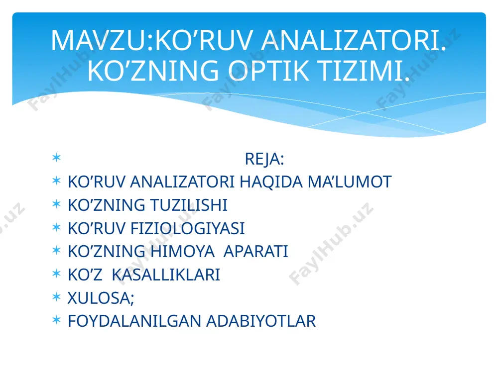 i va yadrosi bor. yadrosi - suyuqlik, gavhar, va shishasimon tanaga bo’linadi. kapsulasi tashqi (oqsil parda), o’rta (tomirli) va ichki (to’r) pardalardan iborat ko’zning tashqi oqsil pardasi zich biriktiruvchi to’qimadan tuzilgan, orqa tomonida ko’ruv nervi o’tadigan teshik bor; oldingi qismi kichikroq, tiniq, ammo juda egilgan bo’lib, shox parda deyiladi. ko’zning o’rtadagi tomirli pardasi tomirlar bilan yaxshi ta'minlangan, unda pigmentlar bor. tomirli pardaning eng oldingi bo’limi, ya'ni bevosita shox pardaning orqasida yotgan qismi pigmentga boy bo’lib, rangdor parda yoki kamalak parda deyiladi. kamalak pardaning o’rtasida teshik bor, qorachiq deb shunga aytiladi. kamalak pardaning orqasida ikki tomonlama qavariq linzaga uxshaydigan yasmiqsimon shakldagi ko’z gavhari, uning orqasida esa shishasimon tana joylashgan. shox parda bilan kamalak parda o’rtasida kichkinagina bo’shliqi bor - bu – ko’zning oldingi kamerasidir; kamalak parda bilan ko’z gavhari o’rtasida ham bo’shliqi bor, ko’zning keyingi kamerasi deb shunga aytiladi. bu kameralar suvsimon suyuqlik bilan to’la bo’ladi. ko’z gavharida tomirlar bo’lmaganligi sababli …