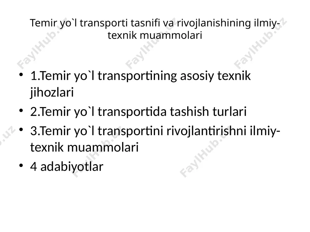mal og`irlik 8 t va qo`sh g‘ildirakli yuk vagonlari o`qiga tushuvchi maksimal og`irlik 22 t, lakomativlarning xar bir o`qi uchun esa 23 t dan oshmasligi kerak. yangi ko`priklar tarkib o`qidan tushuvchi 30-40 t vertikal kuch og`irligi va xar bir pogon metr iz uzunligiga tushuvchi 14 t og`irlikka mo`ljallanib qurilmoqda bekat va raz’ezdlar (poyezdlarni qabul qiluvchi va ularni o`tkazuvchi joylar) temir yo`llarni ayrim peregon (ikki kushni bekat yoki raz’ezd orasidagi masofa)larga ajratib turadi. bekatlar ayni vaqtda temir yo`l transportidagi asosiy ishlab chiqarish korxonalaridan biri bo‘lib, ko`p xollarda bajarilgan ishlar sifati va xajmini ifodalaydi. temir yo`l transportida bekatlar oraliq bekat, bo‘lim bekati, poyezd va vagonlarni saralash bekati, yo`lovchilar bekati va yuk bekati kabi asosiy xillarga bo`linadi. oraliq bekat temir yo`l transportidagi eng kichik bekat bo‘lib, unda asosiy yo`ldan tashqari 2-3 stantsion izlar, kichikroq yo`lovchilar binosi, ish xajmi va xarakteriga ko‘ra yuk xo`jaligi, aloqa va signalizatsiya qurilmalari bo`lad bo`lim bekatlari har 100-150 km …