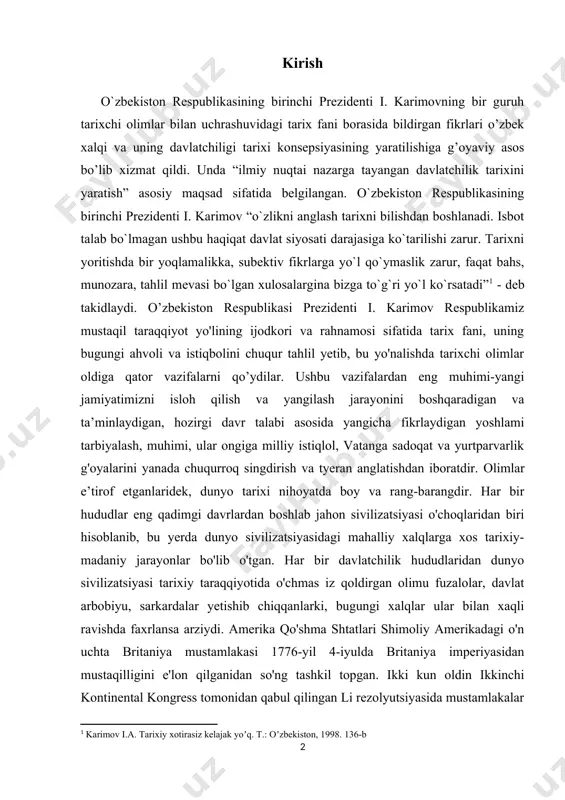 ivilizatsiyasi o'choqlaridan biri hisoblanib, bu yerda dunyo sivilizatsiyasidagi mahalliy xalqlarga xos tarixiy-madaniy jarayonlar bo'lib o'tgan. har bir davlatchilik hududlaridan dunyo sivilizatsiyasi tarixiy taraqqiyotida o'chmas iz qoldirgan olimu fuzalolar, davlat arbobiyu, sarkardalar yetishib chiqqanlarki, bugungi xalqlar ular bilan xaqli ravishda faxrlansa arziydi. amerika qo'shma shtatlari shimoliy amerikadagi o'n uchta britaniya mustamlakasi 1776-yil 4-iyulda britaniya imperiyasidan mustaqilligini e'lon qilganidan so'ng tashkil topgan. ikki kun oldin ikkinchi kontinental kongress tomonidan qabul qilingan li rezolyutsiyasida mustamlakalar o'zlarining erkin va mustaqil ekanligiga qaror qilishgan. davlatlar. ittifoq barcha 13 shtat tomonidan ratifikatsiya qilinganidan keyin 1781-yil 1-martda kuchga kirgan konfederatsiya moddalarida rasmiylashtirildi. ularning mustaqilligi buyuk britaniya tomonidan amerika inqilobiy urushini yakunlagan 1783-yildagi parij shartnomasida tan olingan. bu koloniyalarning hajmini samarali ravishda ikki baravar oshirdi, ular endi g'arbga e'lon chizig'idan missisipi daryosigacha cho'zilishi mumkin. bu yer hududlarga, keyin esa shtatlarga bo'lingan, garchi ba'zi asl koloniyalar tomonidan da'vo qilingan dengizdan dengizgacha bo'lgan grantlar bilan ba'zi ziddiyatlar saqlanib qolgan. vaqt …