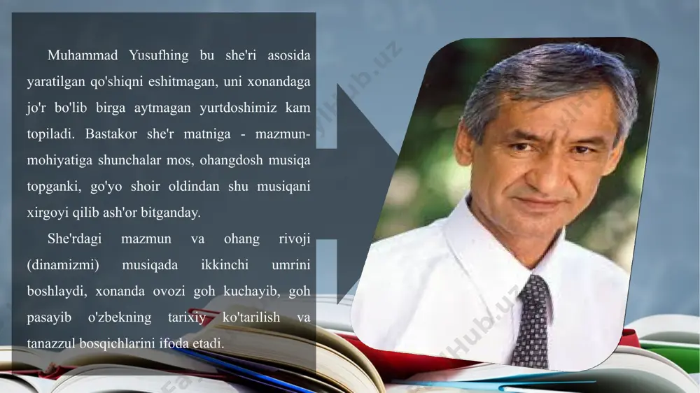 akkir bobolarimizning tashlandiq qabrlari, turli mojarolar tufayli katta shikast yegan maqbaralarini ko'rib yurtdoshlarimiz nafsoniyatiga ozor yetmasligi mumkin emas. find more powerpoint templates on prezentr.com! she'rdagi «bu qanday yuz qarolik deb, yotarlar zimistonda» misralari ayni shu holatning ham achchiq ifodasi sifatida tushunilishi mumkin... shoir nihoyat mustaqilligini, ozodligini qo'lga kiritgan vatanni qutlar ekan, haqli ravishda xalq nomidan «o’zim xoqon, o'zim sulton, sen taxti sulaymonim», deya faxr etadi. find more powerpoint templates on prezentr.com! mehr qolur o'tar qancha yillar to'zoni, yulduzlar - ko'zyoshi samoni. o'tar inson yaxshi-yomoni, mehr qolur, muhabbat qolur. qorachig'da porlagan o'sha, iqboliga chorlagan o'sha. dunyoni tor aylagan o'sha -mehr qolur, muhabbat qolur. anor, sening yuzlaring suluv, xumor, sening ko'zlaring suluv, yodda qolmas so'zlaring suluv, mehr qolur, muhabbat qolur. oqib ketdi suvlarda tohir, zuhro yig'lab qoldi qon bag'ir. kelganda ham qiyomat oxir, mehr qolur, muhabbat qolur... nima deysan, ey, g'ayur inson? g'iybatlaring qildi meni qon. sen ham bir kun o'tursan, inon, …