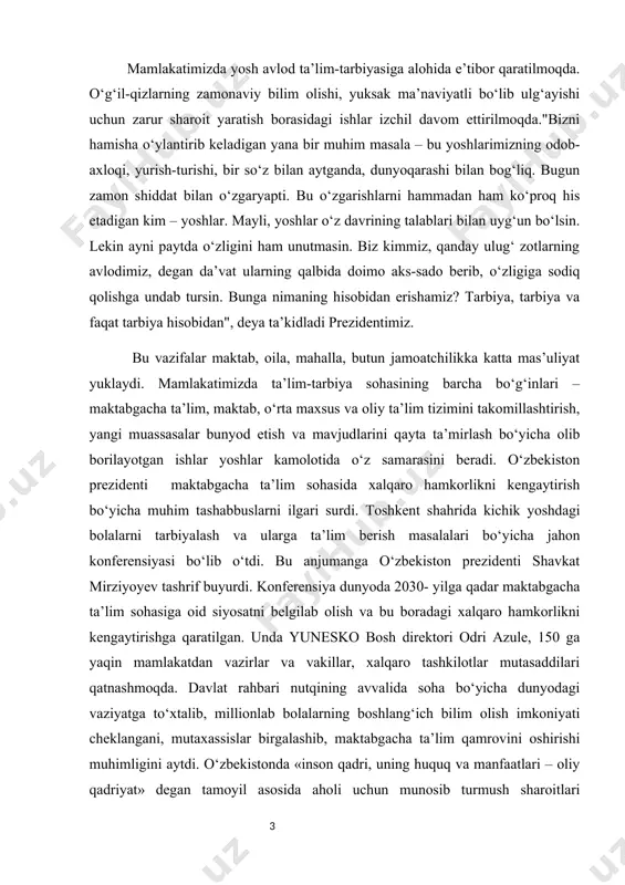 alarni kichik yoshdan boshlab rivojlantirish orqali kelajakda ularning o‘zligini to‘la namoyon etishiga mustahkam zamin yaratayapmiz. zero, bu ezgu maqsadimiz yo‘lida sarflangan investitsiyalar ertaga bir necha barobar ortig‘i bilan qaytishiga shubha yo‘q», – dedi shavkat mirziyoyev. mavzuning maqsad va vazifalari: insonning shaxs sifatida shakllanish jarayoni, unga ta’sir etuvchi omillar, shaxsni shakllantirish jarayonida muhitning o‘rni haqida ma’lumotlarni o‘rganish. · shu maqsadni amalga oshirish uchun quyidagi vazifalarni · shaxs tushunchasini tahlil qilish; · shaxs shakllanishi va rivojlanishi to‘g‘risida tushuncha; · shaxs kamolotida irsiyatning ta'siri; · shaxs rivojlanishida muhitning o‘rni; · shaxs rivojlanishida ta’lim-tarbiyaning ta’sirini adabiyotlardan tahlil qilishdan iborat. kurs ishining obyekti: maktabgacha ta’lim tashkilotlarida bola shaxsini shakllantirish usullari. kurs ishining tuzilishi va hajmi: kurs ishi kirish , ikki bob, tòrtta reja ,paragraf, xulosa, foydalangan adabiyot va ilovalar ròyxatidan iborat. i bob. shaxs shakllanishi mutafakkirlar talqinida 1.1sharq mutafakkirlarining bola shaxsini shakllantirish to‘g‘risidagi ilg‘or fikrlari bolani har tomonlama rivojlantirish uning insoniyat tajribasi, bilimlari, qobiliyatlari va …