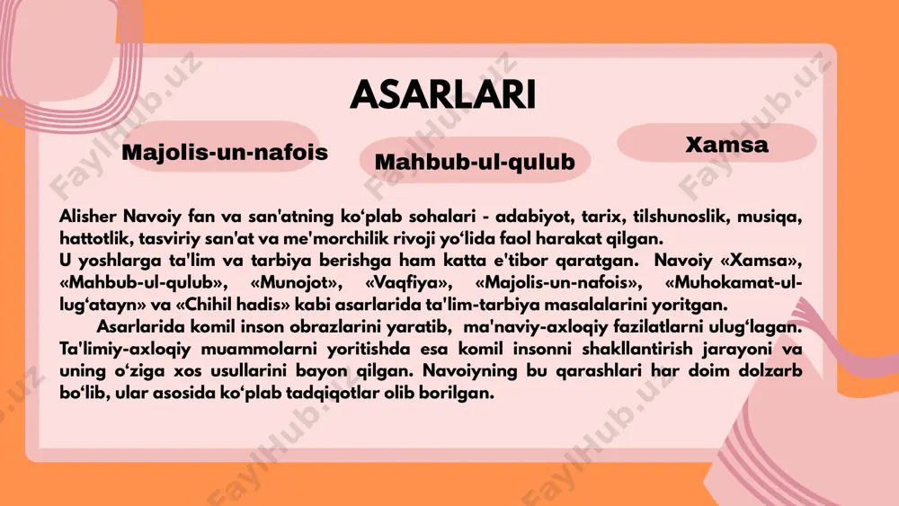 avoiy odobning inson hayotidagi rolini ulug‘lab, adab yoshlarni ulug‘larning duosiga va hurmatiga sazovor etishini ta'kidlaydi. u ilmni faqat o‘rganib qolmay, amalda qo‘llashni ham zarur deb biladi. «mahbub-ul-qulub»da ilmni ishlatmagan kishini hosilsiz dehqonga qiyoslaydi. navoiy bola tarbiyasida oila va maktab muhimligini, namuna uslubidan foydalanish zarurligini aytadi. u bolalarni jismoniy jazodan ko‘ra xushmuomalalik bilan tarbiyalashni, o‘qituvchilarning esa talabchan bo‘lishini muhim deb biladi. mutafakkir iste'dodli bolalarni tarbiyalash jamiyat uchun foydali, qobiliyatsizlarni esa tarbiyalash befoyda, degan xulosaga keladi. alisher navoiy asarlarida zamonaviy pedagogikaning muhim yo‘nalishlaridan biri — o‘z-o‘zini tarbiyalash masalasi ham yoritilgan. unga ko‘ra, bolaga o‘z xatolarini anglash va ularni tuzatish uchun imkoniyat berish zarur. navoiy fikricha, kim bu imkoniyatdan to‘g‘ri foydalansa, xatolarini tushunib, ularni bartaraf etishga harakat qiladi. aksincha, bahona topib xatoni inkor etishga uringanlar esa o‘z kamchiliklarini yanada oshiradi va jamiyatdagi obro‘sini yo‘qotadi. yuqorida bayon etilgan fikrlar mazmunidan anglanadiki, alloma oz davrida ilm olish tamoyillarini togri korsatib, shuningdek, ta'lim tizimi mohiyatini ham …
