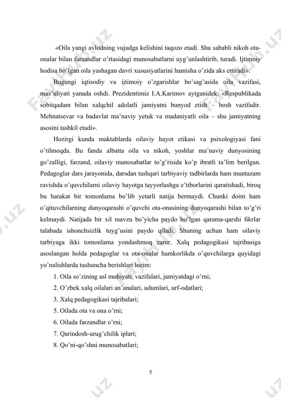 axshilik, haqida; 10. vatanga sadoqat. oila–tarbiya o’chog’i dedik. bu o’choqda barkamol farzandlar pishib etilishi uchun buyuk davlatimiz, havas qilsa arzigulik prezidentimiz, jonkuyar xalqimiz barcha sharoitlarni yaratib bermoqda. bunga javoban biz ham oz bo’lsada o’z hissamizni qo’shishimiz shart deb o’ylaymiz.bunday boylikga ega bo’lganlarni jamoa boy-badavlat ota-ona, boy-badavlat oila deb tan oladi. bunday oila hech qachon xor bo’lmaydi». inqilobdan oldin, uning dastlabki kunlaridayoq sharqona tarbiyaga yuksak baho berilgan edi. «bolaga muhabbat, bolaga diqqat – e’tiborni rusiyaliklar sharq xalqlaridan o’rganishlari kerakligi» e’tirof etilgan edi. bir qancha rus etnograflarining turkiston xalqlari turmush tarzi, oilaviy munosabatlari, an’analari bilan qiziqishlari tarixdan ma’lum. lekin vaqt o’tishi bilan nimagadir milliy qadriyatlarga bid’at va xurofot deb nom berildi. bizda e’tiborga olinmagan kaykovusning «kobusnomasi», yusuf xos hojibning «qutadg’u bilig», ahmad yugnakiyning «hibbatul haqoyiq»i jahonda tan olindi. navoiy bobomiz, munis xorazmiy, abdulla avloniy, hoji abdullo orif, sa’di sheroziy, mirzo bedil, hamzalar o’z asarlarida o’zbek xalqining o’ziga xos xususiyatlarini ochib berishgan. o’zbeklardagi …