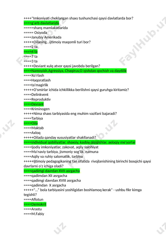 - ushbu fikr kimga tegishli? ====aflotun ====demokrit ====arastu ====m.fabiy +++++xv-xvi asrlarda kapitalistik munosabatlar qaysi davlatlarda rivoj topa boshladi? ====ispaniya va osiyo davlatlarida ====kanada va yevropada ====italiya va yevropaning boshqa davlatlarida ====aqsh va yevropada +++++"quvonch uyi" nomli internat maktabi kim tomonidan yaratilgan? ====aflotun ====m.fabiy ====kesariy ====vitorine de gentre +++++ilk tarbiya uyiga kim qachon asos solgan? ====#iv asr kesariy ====iv asr m.fabiy ====iii asr j.russo ====vii asr gelvetsiy +++++parijda ochilgan tarbiya uyiga kim tomonidan asos solingan? ====a.gelvetsiy ====v.depolen ====v.lomonosov ====i.pestalotsi +++++"... ning fikriga ko'ra tarbiya davlatning eng muhim vazifasi..."-ushbu fikr kimga tegishli? ====demokrit ====diogen ====aflotun ====arastu +++++ingliz faylasufi gerbert spenser qanday mazmundagi asarlar yaratgan? ====oilaning shaxs shakllanishidagi o'rni haqidagi ijtimoiy pedagogik asarlar ====diniy maruzalarning mazmun mohiyati keng yoritilgan asarlar ====dunyo tillari pedagogikasi haqida ====tarbiya uylari haqida +++++"pedalogiya" qaysi asrdan rivojlana boshladi? ====vii asrdan ====xv asrdan ====xx asrdan ====xxi asrdan +++++"pedalogiya" qanday fan? ====bolani har tomonlama o'rganish haqida ====bolaga diniy ta'lim berish haqida …