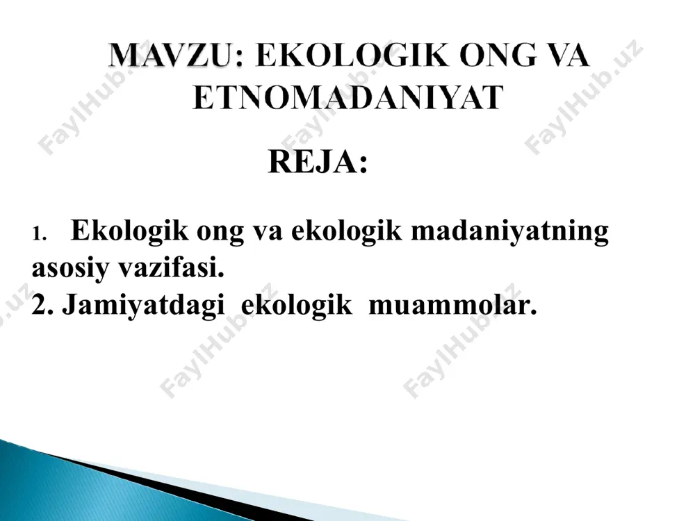 ng eriyotgani, jahon okeanining va kosmik fazoning illoslanishi, dunyoning «qizil kitobi»ga kiritilgan noyob o`simlik va hayvonlarning keskin kamayib borayotgani va boshqa ko`plab dolzarb muammolarni kiritish mumkin. orol va orolbo`yidagi ekologik ahvolning keskinlashuvi jahon jamoatchiligini tashvishga solmoqda. orol tangligi eng yirik regional ekologik xalokatlardan biri bo‘lib, dengiz havzasida yashaydigan 35 milliondan ortiq kishi, shu jumladan, o‘zbekiston aholisining katta qismi ham uning ta’siri ostida yashamoqda orol fojiasi ekologiya muammolariga mas'uliyatsiz munosabatda bo'lishning yaqqol misolidir. bir paytlar noyob noyob dengizlardan biri bo'lgan orol bir avlod hayoti davomlda deyarli qurib va yo'qolib borayotgan suv havzasiga aylandi. orol dengizi o‘rni. orol sathining o’zgarishi orol dengizi qurishi orol suvining sho’rlashishi tabiat va inson o’rtasidagi munosabat ma’lum bir qonunlar orqali boshqariladi, ularga rioya qilmaslik ertami kechmi, albatta ekologik halokatga olib keladi. bu muammo o’zining insoniyatga keltirayotgan va keltirishi mumkin bo’lgan fojiali oqibatlari jihatidan yadro urushi halokatidan keyin ikkinchi o’rinda turadi. albatta, ilmiy-texnikaviy rivojlanish natijasida, turli soha ilm …