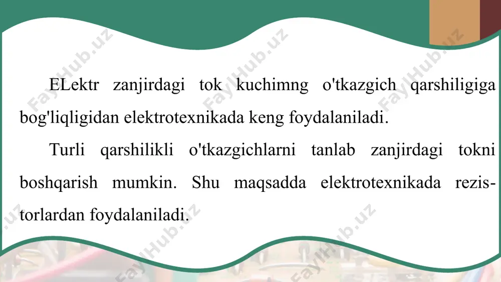 a'ni o'zgartirish uchun qo'llaniladigan elektr asbob. «reostat» yunoncha so'z bo'lib, «reos» - «oqim» va «statos» — «qo'zgalmas» degan ma'nolarni bildiradi. solishtirma qarshiligi katta bo'lgan materialdan, masalan, nikelin yoki nixrom simdan eng oddiy reostat yasash mumkin. nikelin simning ikki uchini izolator orqali shtativlarga mahkamlaylik va 55-rasmda ko'rsatilgandek elektr zanjirni yig'aylik. suriluvchi d kontaktni u yoq-bu yoqqa surib, simning zanjirga ulangan ad qismini uzunroq yoki kaltaroq qilish mumkin. bunda o'tkazgichning qarshiligi, biaobarin, zanjirdan o'tayotgan tok kuchi o'zgaradi. amalda qo'llaniladigan reostatlar ixcham bo'lib, ularning ishlashi yuqorida ko'rsatilgan oddiy reostat kabidir. maktab reostatlaridan biri va reostatlaming elektr zanjir sxemasidagi shartli belgisi 56-rasmda tasvirlangan. bunday reostatda nikelin sim sopol silindrga o'ralgan bo'ladi. sim yupqa izolatsiya qatlami bilan qoplangan. simning uchlari (1 va 1 qisqichlarga ulangan. metall sterjen (2 va 2') qisqichlarga mahkamlangan. sterjendagi (3) surgich sim o'ramlari bilan sterjenni bir-biriga kontaktga keltiradi. 57-rasmda keltirilgan elektr sxemada chul-g'am ustida joylashgan metall sterjen bo'ylab 3 surgich surila …