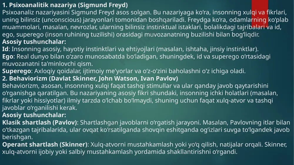 ogik jarayonlarga ta'sir ko‘rsatishini o‘rganadi. bu nazariya, asosan, psixologik jarayonlarni neyrofiziologik va genetik omillar orqali tushuntirishga intiladi. asosiy tushunchalar: neuropsixologiya: miya faoliyatining xulq-atvor va psixologik jarayonlarga qanday ta'sir ko‘rsatishini o‘rganish. irsiyat va muhitning ta'siri: genetik va ekologik omillar insonning rivojlanishiga qanday ta'sir qiladi. falsafiy nazariyalar falsafiy nazariyalar inson irodasining tabiati va uning erkinligi masalalarini o'rganadi. ular quyidagi asosiy jihatlarni o'z ichiga oladi: erkin iroda: insonlarning o'z harakatlarini erkin tanlash qobiliyati. bu nazariya shaxsiy mas'uliyat va axloqiy qoidalar bilan bog'liq. erkin iroda tarafdorlari, masalan, eksistentsializm vakillari (sartre, kierkegaard), insonning erkinligini va tanlov qilish qobiliyatini ta'kidlaydilar. determinizm: har bir harakat va qaror oldingi sabablar bilan belgilanganligini ta'kidlaydi. bu nazariya inson irodasining erkinligini inkor etadi. determinizm tarafdorlari, masalan, fiziologik va biologik sabablar, shuningdek, ijtimoiy omillar (masalan, oila tarbiyasi) insonning harakatlarini belgilaydi deb hisoblaydilar. kompatibilizm: erkin iroda va deterministik yondashuvlarni birlashtirishga harakat qiladi. bu nazariyaga ko'ra, insonlar o'z qarorlarini erkin qabul qiladi, lekin ularning …