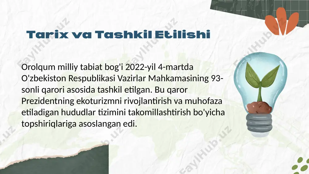 ratilgan. “green aral sea” loyihasi 1 dollar = 1 saksovul ekish tashabbusini ilgari surmoqda, bu esa 25 yil davomida cho'lizlashishni oldini olishga xizmat qiladi. tabiatga asoslangan yechimlar (nbs) orqali botqoqlar tiklanmoqda, uglerod singdirilmoqda va monokultura o'rniga xilma-xil o'simlik turlari ekilmoqda. salbiy ta’sirlar va kelajakdagi tahdidlar pyramid of energy: pyramid of biomass: pyramid of numbers: orolqum ekologik oqibatlari jiddiy: tuproq salinizatsiyasi, toksik tuzlar va pestitsidlar bilan chang bo'ronlari, aholi salomatligiga zarar (nafas olish kasalliklari, tuberkulyoz, o'tkir ichak infeksiyalari). iqlim o'zgarishi tufayli aridiylik ortmoqda, suv taqchilligi va er degradatsiyasi kuchaymoqda. shimoliy orolda suv darajasi oshishi biodaxtlikni tiklashga yordam bermoqda, ammo janubiy qismda suv qaytishi kutilmaydi, shuning uchun yangi cho'l ekotizimlarini shakllantirish zarur. ekoturizm va iqtisodiy imkoniyatlar provisioning (food, water) regulating (climate, disease) cultural (recreational, spiritual) supporting (nutrient cycling, pollination) orolqum bog'i ekoturizm uchun katta salohiyatga ega: rekreatsiya zonasi artezian suvi va noyob landshaftlari bilan sayyohlarni jalb qiladi. eng yaqin aholi punkti – …
