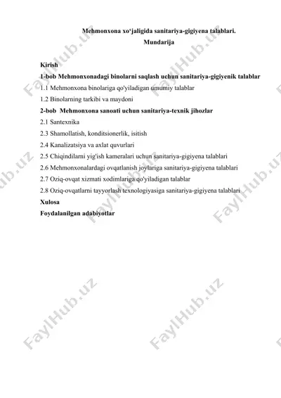 mehmonxona xo‘jaligida sanitariya-gigiyena talablari — DOCX