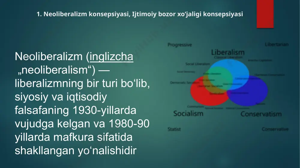 avri tajribalari. nomukammal raqobat bozori nazariyalari tushuncha: real hayotda ideal raqobat mavjud emas, bozorda turli cheklovlar mavjud. shakllari: monopoliya, oligopoliya, monopolistik raqobat. ijtimoiy bozor xo'jaligi konsepsiyasi tushuncha: ijtimoiy bozor xo‘jaligi bozor erkinligi va davlatning ijtimoiy adolatni ta’minlashdagi roli o‘rtasidagi muvozanatga asoslanadi. kelib chiqishi: germaniyada ii jahon urushidan keyin ludwig erhard tomonidan ishlab chiqilgan. ijtimoiy bozor xo'jaligining asosiy tamoyillari bozor iqtisodiyoti erkinligi. ijtimoiy adolat va xavfsizlikni ta’minlash. raqobatni himoya qilish. soliq tizimi orqali tengsizlikni kamaytirish. korrupsiya va monopoliyaga qarshi kurash. neoliberalizm va ijtimoiy bozor xo'jaligi konsepsiyalarining taqqoslash xususiyatlar neoliberalizm ijtimoiy bozor xo‘jaligi davlatning roli minimal raqobatni himoya qilish va ijtimoiy adolatni ta'minlash asosiy tamoyil erkin bozor bozor erkinligi va ijtimoiy mas’uliyat xususiylashtirish faol qo‘llaniladi cheklangan va strategik ahamiyatga ega ijtimoiy himoya kamroq e’tibor qaratiladi keng ko‘lamda qo‘llaniladi v.repke tavsifiga ko‘ra “ijtimoiy bozor xo‘jaligi” bu “iqtisodiy insonparvarlik” tomon qo‘yilgan qadam. u o‘zining “insonparvarlik jamiyati” kitobida yozishicha xo‘jalik yuritishning bu shakli kollektivizmga - …