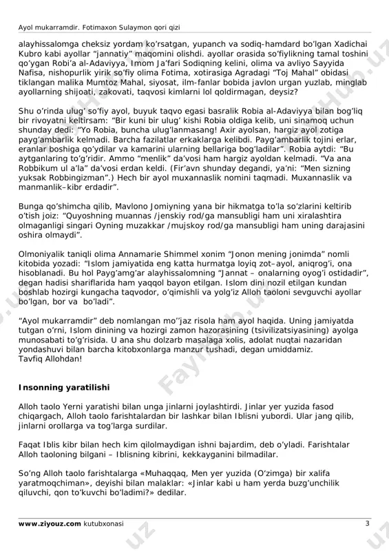 ak, yemak-ichmak sohasidagi barcha sarfu-xarajatlarini, ehtiyojlarini zimmasiga oladi, uning ruxsatisiz hajga ham ketolmaydi, agar ayoli bolani emizishni xohlamasa, bu ishga boshqa ayolni pulga yollaydi, xonimiga yaxshi muomalada bo’lib, uning nuqson-ayblarini, sirlarini yashiradi va hokazo. sharqda ayolni ulug’lamagan, uning sha’niga biror og’iz madhiya, maqtov bitmagan allomayu shoirni, fuzalo-mutafakkirni topish qiyin. mavlono jaloliddin rumiy dunyoni hayratga solgan shoh asari “masnaviy”sida shunday yozadi: «ayol alloh nuri, oddiy jononmas, yaratur, yaralgan oshufta jonmas». yolg’izlikni faqat o’ziga munosib ko’rgan alloh taolo butun mavjudotlarni juft-juft qilib yaratgan. shu jumladan, insonni ham. ammo barcha zohir va botin narsalarni qamrab olgan juftlik qonuni insonlarda yuksak kamolot cho’qqisiga ulangan. erkak va ayolning, oshiq va ma’shuqaning bir-biriga intilishi, bir-biriga muhabbatida allohga intilmoqning, ilohiy ishqning namoyon bo’lishi sharq adabiyotida, so’fiylar she’riyatida o’z go’zal ifodasini topgan. sharq she’riyatida yusuf va zulayho, farhod va shirin, layli va majnun, vomiq va uzro, tohir va zuhro kabilar mashhur oshiq-ma’shuqlardir. ana shu sevgi rivoyatlarining barchasida ayol …