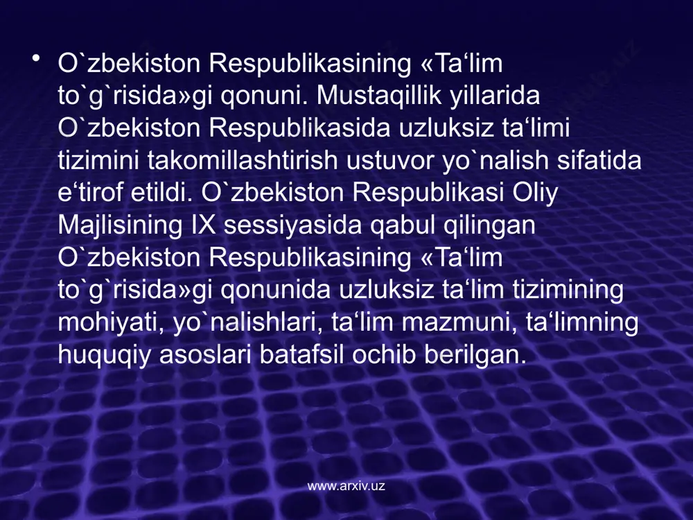 ilmiy va umummadaniy bililar, milliy va umuminsoniy qadriyatlarga asoslangan ma‘naviy-axloqiy fazilatlar, mehnat, ijodiy fikrlash va kasb tanlash ko`nikmalari shakllantirish www.arxiv.uz o`rta maxsus kasb-hunar ta‘limining ixtiyoriyligi tamoyilining asosiy mohiyati o`quvchilarning yangi turdagi o`quv muassasalarida ta‘lim olish yo`nalishini ixtiyoriy ravishda tanlash huquqiga ega ekanliklarini anglatadi. bu iki turdagi uch yillik maxsus ta‘lim yo`nalishlarini o`quvchilar o`z iqtidorlari va xohish-istaklariga tayangan holda tanlaydilar. ana shu tarzda o`quvchilarning biron bir shaklda bilimlarini takomillashtirish, muayyan kasb-hunar egasi bo`lib yetishishlari uchun sharoit yaratiladi. www.arxiv.uz ta‘lim tizimining dunyoviy xarakterda ekanligi mamlakatda ta‘lim taraqqiyotining rivoji ilmiy asoslarga ega bo`lib, u fan-texnika, madaniyatning yuksala borishi bilan chambarchas holda rivojlanib borishini nazarda tutadi. www.arxiv.uz o`zbekiston respublikasining «ta‘lim to`g`risida»ni qonunining 4-moddasida belgilab qo`yilganidek, fuqarolar millati, tili, jinsi, yoshi, diniy e‘tiqodi, ijtimoiy kelib chiqishi, mavqei, xizmat turi, turar joyi, o`zbekiston respublikasida hududida qancha vaqt yashayotganligidan qat‘iy nazar bilim olish huquqiga egalar. davlat ta‘lim standartlari doirasida ta‘lim olishning hamma uchun ochiqligi tamoyili aynan mana …