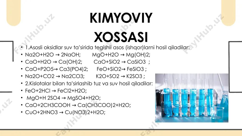 b oksidlar. ular bir nechta oksidning o‘zaro birikishi yoki bitta elementning har xil oksidlanish darajalarida bo‘lishi natijasida hosil bo‘ladi. aralash oksidlar qatoriga fe3o4 (feo•fe 2o3), pb2o3 (pbo•pbo2), co3o 4 (coo •co2o3) larni kiritish mumkin. oksidlar mavzusi yuzasidan qiziqarli metod va topshiriqlar: amaliy qism. 1.quyidagi kimyoviy reaksiyalarni davom ettiring! na₂o + h₂o → ___ co₂ + h₂o → ___ zno + hcl → ___ fe₂o₃ + h₂so₄ → ___ so₂ + naoh → ___ oksidlar mavzusi yuzasidan qiziqarli metod va topshiriqlar: amaliy qism. 2. qiziqarli matematik topshiriq! quyidagi oksidlarning nisbiy molekulyar massasini hisoblang va eng yengilini aniqlang: *co₂ *al₂o₃ *mgo *so3 *na₂o 3.sirli oksid! quyidagi ma’lumotlar asosida oksid formulasini toping: #bu oksid kislotali oksidlar qatoriga kiradi. #uning tarkibida 1 ta metal va 3 ta kislorod atomi bor. #u ishqorlar bilan reaksiyaga kirishadi. #uning nisbiy molekulyar massasi 102 g/mol ga teng. 4. "noto‘g‘ri ma’lumotni top!" topshiriq: quyidagi ma’lumotlardan qaysi biri noto‘g‘ri ekanligini …