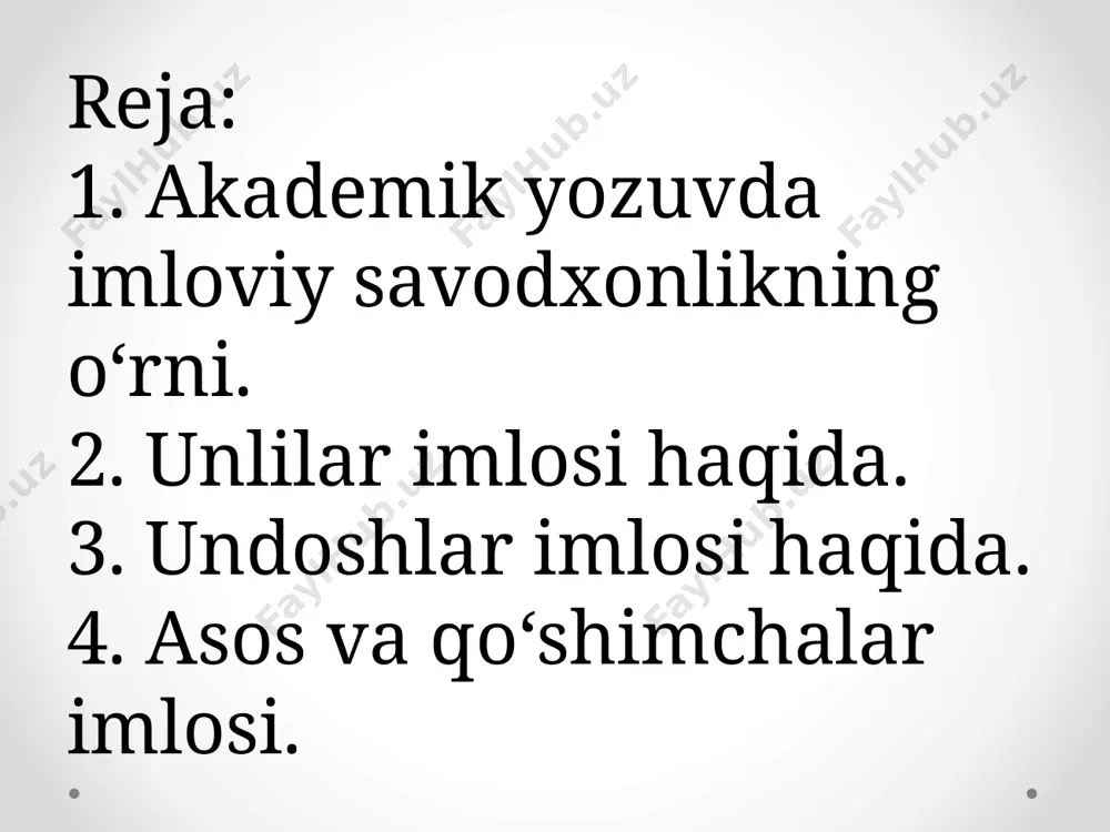 ida kelganda ikkinchi unli u aytilsa ham, asliga muvofiq e yoziladi: aerostat, poema kabi. undoshlar imlosi 8. v b harfi: 1) bobo, bahor, zarb kabi so‘zlarda jarangli portlovchi lab undoshini ifodalash uchun yoziladi; 2) kitob, yuzlab, kabi so‘zlar oxirida r aytilsa ham, b yoziladi. 3) qibla, tobla kabi so‘zlarda ba’zan v aytilsa ham, b yoziladi; 9. r r harfi paxta, pichoq, opa, tup, yop kabi so‘zlarda jarangsiz portlovchi lab undoshini ifodalaydi. 10. v v harfi: 1) ov, suv, kuyov; savol; volida, vatan kabi so‘zlarda ovozdor sirg‘aluvchi lab undoshini ifodalaydi; 2) avtobus, avtomat kabi o‘zlashma so‘zlarda v ba’zan f aytilsa ham, v yoziladi. 11. f f harfi: 1) fan, fe’l, futbol, fizika; asfalt, juft; insof, isrof kabi so‘zlarda jarangsiz sirg‘aluvchi lab undoshini ifodalash uchun yoziladi; 2) fasl, fayz, fotima, fursat kabi so‘zlarda f tovushi ba’zan r aytilsa ham, asliga muvofiq f yoziladi. 12. m m harfi moy, muborak, tomon, ilhom kabi …