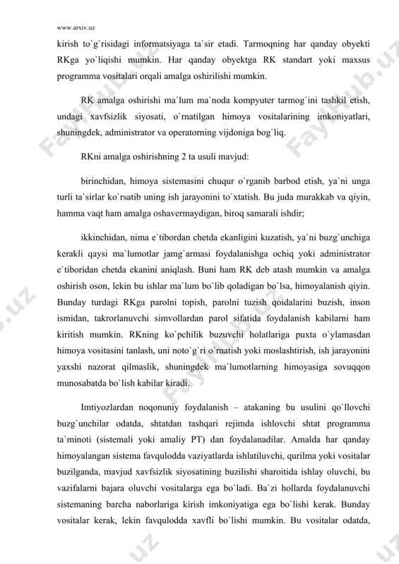ning buzilishi sharoitida ishlay oluvchi, bu vazifalarni bajara oluvchi vositalarga ega bo`ladi. ba`zi hollarda foydalanuvchi sistemaning barcha naborlariga kirish imkoniyatiga ega bo`lishi kerak. bunday vositalar kerak, lekin favqulodda xavfli bo`lishi mumkin. bu vositalar odatda, administratorlar, operatorlar, sistema programmistlari va boshqa maxsus vazifalarni bajaruvchi foydalanuvchilar tomonidan foydalaniladi. bunday vositalardan foydalanishni kamaytirish maqsadida, ko`pchilik himoya sistemalari ularning vazifalarini imtiyozlar nabori yordamida amalga oshiradi – ma`lum vazifani bajarish uchun ma`lum imtiyozlar talab qilinadi. bunday hollarda har bir foydalanuvchi o`zining imtiyozlari naboriga ega bo`ladi, oddiy foydalanuvchi – minimal, administratorlar – maksimal (imtiyozlar minimumi prinsipiga muvofiq) imtiyozga ega bo`ladi. har bir foydalanuvchi imtiyozlar nabori uning atributlari hisoblanadi va himoya sistemasi tomonidan muhofaza qilinadi. imtiyozlarni ruxsatsiz ishg`ol qilish, shu tarzda, ma`lum vazifalarni ruxsatsiz bajarish imkoniyatlarini beradi. bu rk (xususiy holda), ma`lum programmalarni ishga tushirish va hatto sistemani rekonfiguratsiya qilish bo`lishi mumkin. tabiiyki, bunday sharoitlarda imtiyozlarning kengaytirilgan nabori – bu har qanday buzg`unchining o`ylab yurgan orzusi. bu …