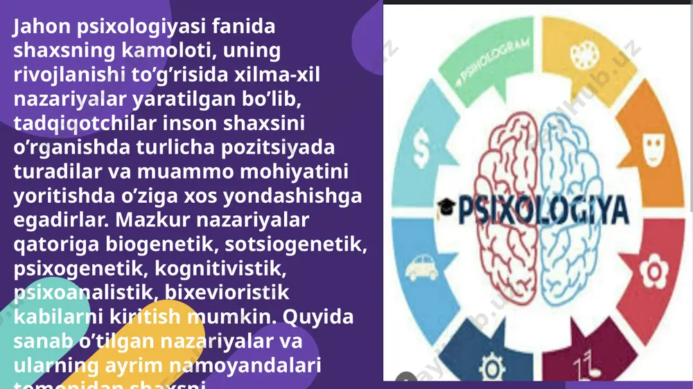 ni ikkita katta gu-ruhga ajratadi va uning bir boshqa tsikloid toifasiga xos (tez ko’zg’aluvchi, his-tuyg’usi o’ta barkaror), ikkinchi uchida esa shizoid toifasiga (odamovi, munosabatga qiyin kirishuvchi, his-tuyg’usi cheklangan) xos odamlar turishini aytadi. bu taxminini u shaxs rivojlanishi davriga ko’chirishga harakat qiladi, natijada o’smirlarda tsikloid xususiyatlari, (o’ta qo’zg’aluvchanlik, tajovuzkorlik, affektiv tabiatlilik, ilk o’spirinlarda esa shizoidlik xususiyatlari bo’ladi, deya xulosa chiqaradi. lekin insonda biologik shartlangan sifatlar hamisha yetakchi va hal qiluvchi rol o’ynay olmaydi, chunki shaxsning individual-tipologik xususiyatlari bir-biriga aynan mos tushmaydi. aqshda keng tarqalgan nazariyalardan yana bittasi - bu individual tajriba va bilimlarni egallash (mustaqil o’zlashtirish) nazariyasidir. mazkur nazariyaga binoan shaxsning hayoti va uning voqelikka nisbatan munosabati ko’pincha ko’nikmalarni egallash va bilimlarni o’zlashtirishning samarasi qo’zg’atuvchini uzliksiz ravishda mustaxkamlanib borishning mahsulidir. (e.torndayk, b.skinner va hokazo). k.levin tomonidan tavsiya qilingan "fazoviy zarurat maydoni" nazariyasi psixologiya fani uchun (o’z davrida) muhim ahamiyat kasb etadi. k.levinning nazariyasiga ko’ra individning xulqi (xatti-xarakati) psixologik kuch vazifasini o’tovchi …