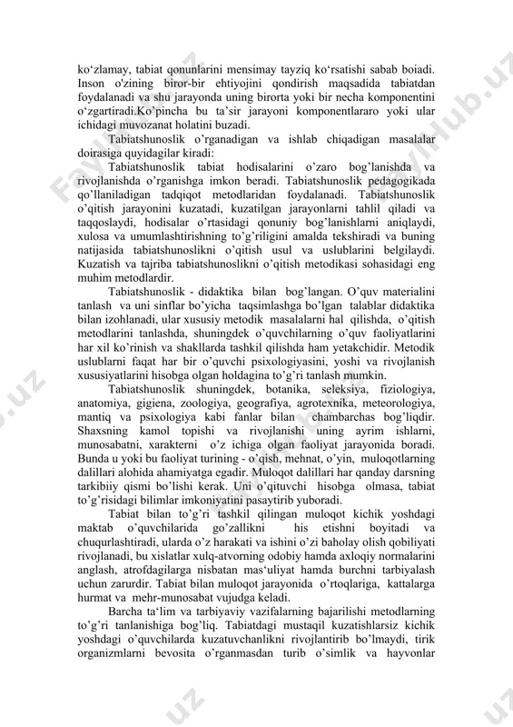 ponentidagi o‘zgarish uning boshqa komponentlarida adekvat tarzdagi ijobiy yoki salbiy o‘zgarishlarning yuz berishiga olib keladi. mavjud ilmiy manbalarga asoslanib, yer sayyorasi yoshini 4,7 mlrd yil deb aytish mumkin. mana shu o‘tgan uzoq geologik davr mobaynida yerda o‘ziga xos tabiat shakllangan. yer tabiatining evolutsion, spiralsimon tadrijiy taraqqiyoti bir neecha bosqichlarga bo‘linadi va ularning har biri o‘ziga xos xususiyatlarga ega. tabiatning shakllanishi, evolutsiyasi va asosiy xususiyatlarini o‘rganish bilan bir qatorda tabiiy fanlar ham shug’lullanadi. ekologiya fani nuqtayi nazaridan tabiat komponentlari orasidagi va ular ichidagi muvozanat qanday qaror topganligi hamda uni jamiyatning tabiatga ta’siri kuchayib borayotgan hozirgi paytda qanday qilib saqlab turish mumkinligi asosiy ahamiyatga ega. tabiatni tashkil etuvchi tarkibiy qismlar havo, suv, tog‘ jinslari, o‘simlik va hayvonotlar orasida va tabiatdagi turli modda va energiya almashinuvi jarayonlarida, uzoq geologik davrlar mobaynida o‘ziga xos barqarorlik holati yuzaga kelgan. tabiatdagi mana shu barqarorlik tabiiy yoki ekologik muvozanat deb ataladi. yerning tabiati o‘ziga xos ko‘rsatkich va …