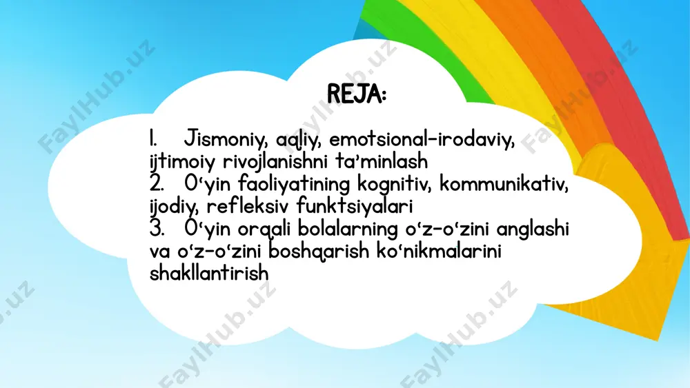 iradi emotsional-irodaviy rivojlanish emotsional-irodaviy rivojlanish – bolaning o‘z his-tuyg‘ularini tushunishi, boshqarishi va irodaviy mustaqillikka ega bo‘lishidir. bolalar o‘yin orqali o‘z his-tuyg‘ularini ifodalashni, stressga bardoshli bo‘lishni o‘rganadilar. o‘yinlarning emotsional-irodaviy rivojlanishga ta’siri: ✅ o‘z his-tuyg‘ularini tushunish va ifodalashga yordam beradi. ✅ stress va qo‘rquvni yengishga yordam beradi. ✅ motivatsiya va iroda kuchini shakllantiradi. ✅ o‘zini nazorat qilish va sabr-toqatni oshiradi. ✅ yutish va yutqazishni to‘g‘ri qabul qilishni o‘rgatadi. o‘yinlarning ijtimoiy rivojlanishga ta’siri: ✅ do‘stona munosabatlarni shakllantiradi. ✅ muloqot qobiliyatlarini rivojlantiradi. ✅ jamoada ishlash va yetakchilik qobiliyatlarini o‘stiradi. ✅ muammolarni hal qilish va qaror qabul qilishni o‘rgatadi. ✅ o‘yin qoidalariga rioya qilish orqali tartib-intizomni oshiradi. o‘yin faoliyatining kognitiv, kommunikativ, ijodiy, refleksiv funktsiyalari o‘yin bolalar rivojlanishining muhim vositasi bo‘lib, u bolalarning fikrlash, muloqot, ijodkorlik va o‘zini anglash qobiliyatlarini rivojlantirishga xizmat qiladi. quyida o‘yin faoliyatining kognitiv, kommunikativ, ijodiy va refleksiv funktsiyalari batafsil yoritiladi. 🗣 kommunikativ funktsiya 📌 bola o‘yin orqali muloqot qilishni o‘rganadi. 📌 til …