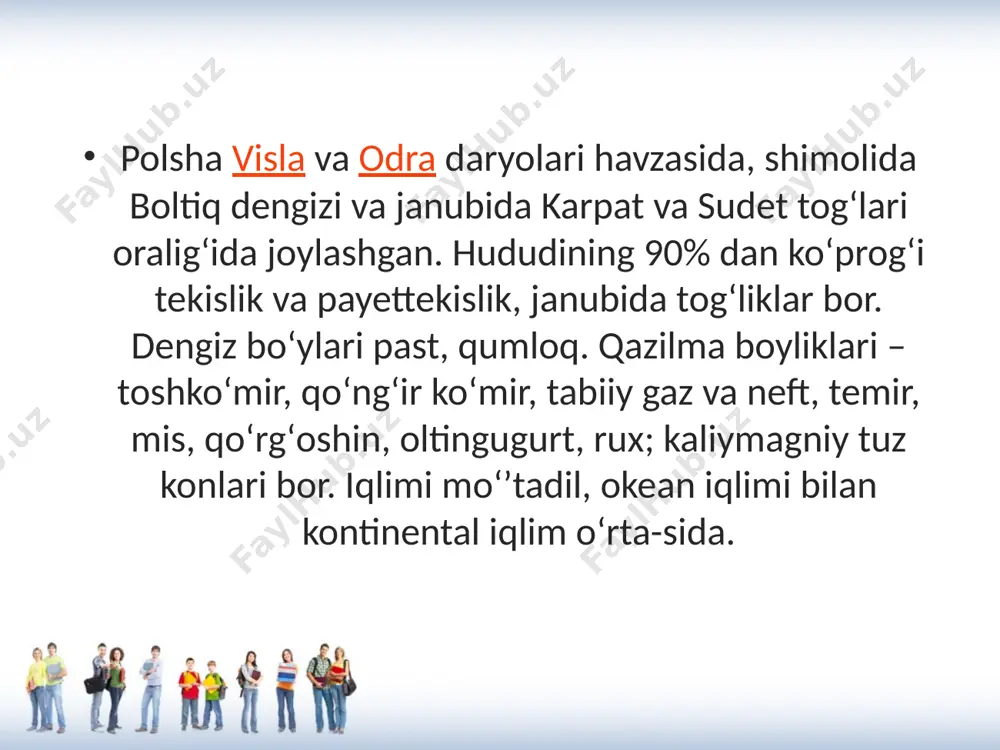 qishloq va oʻrmon xoʻjaligining ulushi 26,6%, xizmat koʻrsatish sohasining ulushi 68,3%. qishloq xoʻjaligi – mamlakat maydonining 61% qishloq xoʻjaligiga yarokli yerlar. mayda xususiy dehqonchilik xoʻjaliklari ustun. davlat xoʻjaliklari, shir-katlar va qishloq xoʻjaligi toʻgaraklari ham bor. eng muhim qishloq xoʻjaligi ekinlari: javdar, bugʻdoy, arpa, suli, kartoshka, qand lavlagi va boshqa sabzavot, tamaki, yem-xashak, re-zavor mevalar ham yetishtiriladi. chorvachilik salmogʻi katta. koramol, choʻchqa, qoʻy, ot, parranda boqiladi. polsha toshkoʻmir, oltingu-gurt, tabiiy gaz, kumush qazib olishda, poʻlat eritishda yevropada oldingi oʻrinlardan birida turadi. kumir mamlakat yoqilgʻienergetika balansining asosini tashkil etadi. transportning asosini temir yoʻllar tashkil etadi. transport yoʻli uzunligi – 24 ming km, avtomobil yoʻllari uz. 372,5 ming km. dare kemachiligi rivojlangan. asosiy dengiz portlari – gdansk, gdinya, shchetsin. dengiz savdo flotining tonnaji – 4,5 mln. tonna dedveyt. asosiy xalqaro aeroporti – okense (varshava yaqinida). polsha davlati import va eksporti tashqi kreditlar bo'yicha foizlar polsha soliqlaridan to'lanadi, bu asosan byudjet taqchilligining yuqori darajasini …