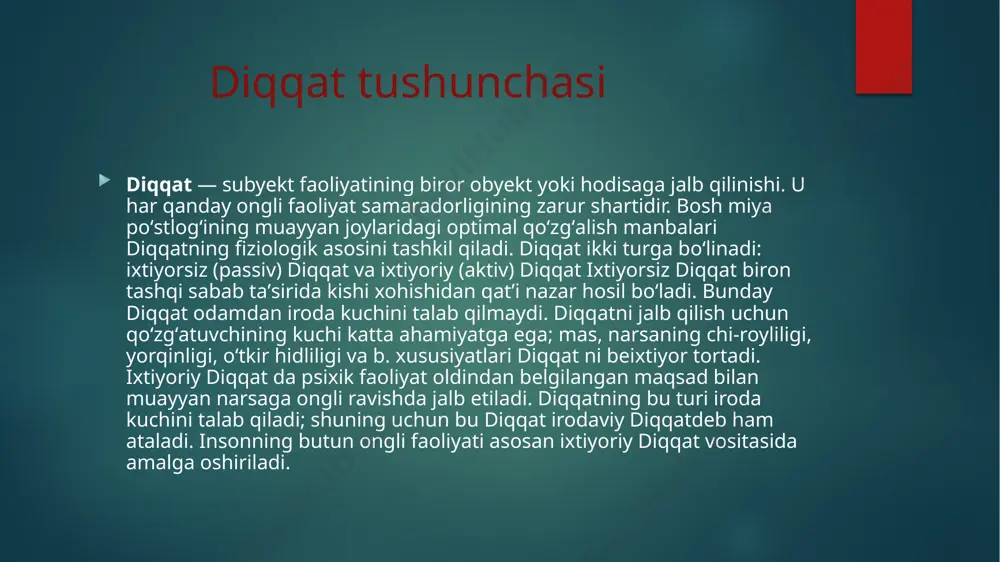 , o’qish va mehnat faoliyatlari jarayonida tarkib topib boradi. tasniflashda bir nechta yondashuvlar mavjud har xil turlari diqqat: etakchi analizatorga asoslanib, har xil narsalarga e'tibor qaratish, e'tibor jalb qilinadigan faoliyatning asosiy shakliga ko'ra va boshqalar. faoliyat shakli bo'yicha ajratmoq sezgi-idrok e'tibor, inson faoliyatining asosiy turi axborotni idrok etishda. bu e'tibor sezgilar ishi orqali amalga oshadi - masalan, darvozabonning to'pning maydon bo'ylab harakatlanishi yoki musiqa tinglayotgan odamning diqqatini. intellektual hal qilishda diqqat faollashadi fikrlash jarayonlari; vosita mushak tizimining ishini nazorat qilishda e'tibor muhim (masalan, sportchida murakkab harakatlarni bajarishda). ko'rinib turibdiki, ba'zi tadbirlar alohida e'tibor talab qiladi. shunday qilib, jarroh murakkab operatsiyani bajarayotganda diqqatning barcha uch turini faollashtiradi. e`tiboringiz uchun rahmat image6.jpeg image7.png image8.jpeg image9.gif image10.gif image1.jpeg image2.png image3.png image4.png image5.png /docprops/thumbnail.jpeg