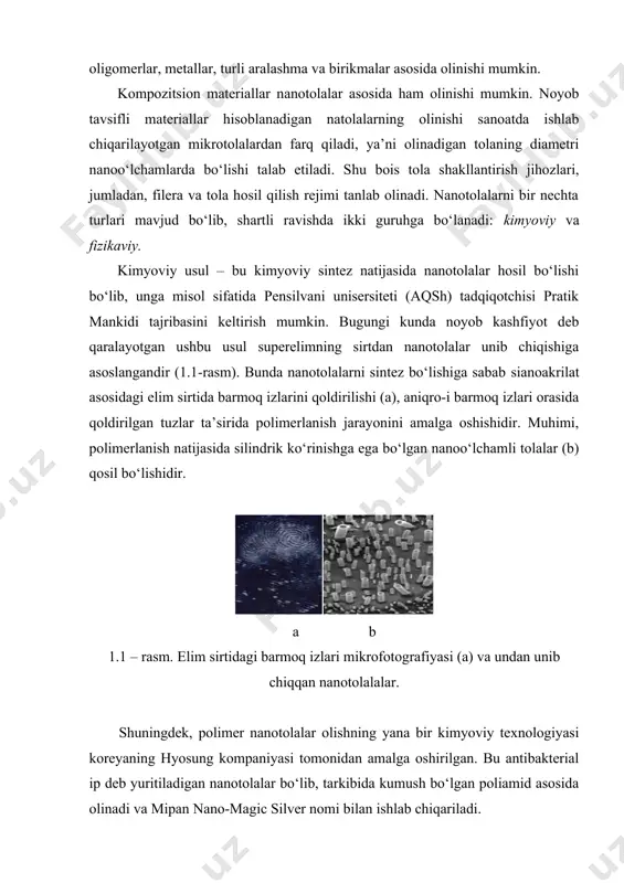 amli tolalar (b) qosil bo‘lishidir. a b 1.1 – rasm. elim sirtidagi barmoq izlari mikrofotografiyasi (a) va undan unib chiqqan nanotolalalar. shuningdek, polimer nanotolalar olishning yana bir kimyoviy texnologiyasi koreyaning hyosung kompaniyasi tomonidan amalga oshirilgan. bu antibakterial ip deb yuritiladigan nanotolalar bo‘lib, tarkibida kumush bo‘lgan poliamid asosida olinadi va mipan nano-magic silver nomi bilan ishlab chiqariladi. bu kabi murakkab tarkibli antibakterial nanotolalar polimer-polimer aralashmalari asosida ishlab chiqarilayapti. masalan, xitozanni turli tabiiy va sintetik tolalar aralashmalari asosida crabyon rusumli nanotolalari pozzi electa kompaniyasi va maytech chitosante rusumli nanotolalari bebe cotton knitting co ltd kompaniyasi tomonidan ishlab chiqarishi yo‘lga qo‘yilgan. xitozan biopolimeri hozirda ko‘p qatlamli uglerodli nanonaychalar ishlab chiqarishda ham keng qo‘llanilayapti. bu usul xitoyning hong kong polytechnic university va shanghai institute of materia medica ilmiy markazlari olimlari tomonidan ishlab chiqilgan bo‘lib, uglerodli nanonaychalar sirtiga xitozanni nokovalent tarzda modifikatsiyalashga asoslangandir (1.2, a, b- rasm). 1.2,a-rasm. ko‘p qatlamli nanonaychani xitozan bilan qoplash chizmasi: …