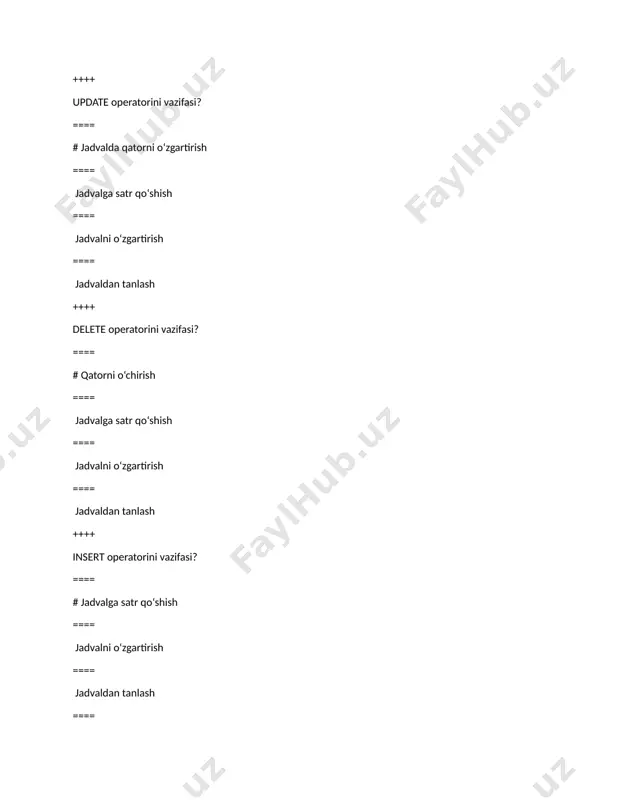 t avg(age) from student so‘rovi nimani qaytaradi ==== # studentlarning o‘rtacha yoshini ==== maksimal student ==== minimal student ==== studentlar yoshining yig‘indisini ++++ quyidagi savol qanday javob qaytaradi select * from students , groups ==== #groups va students jadvalidagi dekart ko‘paytmani chiqaradi ==== groups va students jadvalidagi barcha qatorlarni chiqaradi ==== groups va students jadvalidagi s.group_id = g.id tengligi orqali bog‘lanadigan barcha qatorlarni chiqaradi ==== groups va students jadvalidagi s.group_id = g.id tengligini qanoatlantiruvchi qatorlardan tashqari barcha qatorlarni chiqarib beradi ++++ jadvaldagi qatorlar miqdori qanday hisoblanadi ==== # count funksiyasi yordamida ==== avg funksiyasi yordamida ==== min funksiyasi yordamida ==== max funksiyasi yordamida ++++ qaysi operatorlar bilan min, max, avg, sum agregat funksiyalar bajarilishi mumkin ==== # faqatgina select bilan ==== select va delete ==== update ==== insert va update ++++ minus operatori nimaga mo‘ljallangan ==== # birinchi tanlovda mavjud, lekin ikkinchisida yo‘q bo‘lgan natijalarni chiqarish uchun ==== ikki so‘rov …