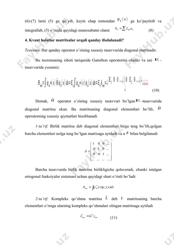 tritsaga aytiladi (11) 3-ta’rif. transpozisiyalangan matritsa deb matrisaning satri ustuniga almashtirilib yozilgan matrisaga aytiladi (12) 5..matritsalar ustida qanday matematik amallarni bajarsa bo‘ladi?5-ta’rif. ikki matritsa yig’indisi (ayirmasi) ga bu matritsalar mos elementlari yig’indisi (ayirmasi) dan iborat matritsa mos keladi: (14) 6-ta’rif. ikkita matritsa ko’paytmasi deb, ko’paytuvchi birinchi matritsa satr elementlarini ikkinchi ko’paytuvchi matritsa ustun elementlariga mos ravishda ko’paytirib, olingan yig’indisiga aytiladi (15) matritsalarni ko’paytirishning bu qoidalari berilgan operator matritsa elementlarini tuzish qoidasiga mos kelishini ko’rsatamiz. operatorlar ko’paytmasi ni quyidagicha tushunmoq kerak: faraz qilaylikki, bo’lsin. u holda larni ortonormallashgan funksiyalar sistemasi bo’yicha qatorga yoyib yozishimiz 6.7.unitar almashtirishlar to‘g‘risida tushuncha bering? biz quyidagi unitar almashtirishning ayrim muhim xossalarini qayd qilib o’tamiz. 1.unitar almashtirishlar funksiyaning normallik shartini o’zgartmaydi; 2.unitar almashtirishlar matrisalarning ermitlik shartini o’zgartmaydi, ya’ni agar almashtirishgacha tenglik o’rinli bo’lsa, almashtirishdan keyin ham tenglik o’rinli bo’lib qolaveradi. 3.unitar almashtirishlar matrisali tenglamalar ko’rinishini o’zgartmaydi, ya’ni almashtirishgacha bo’lsa, almashtirishdan keyin bo’ladi. biror operatorni va tasavvurlarda qaraylik.agar …