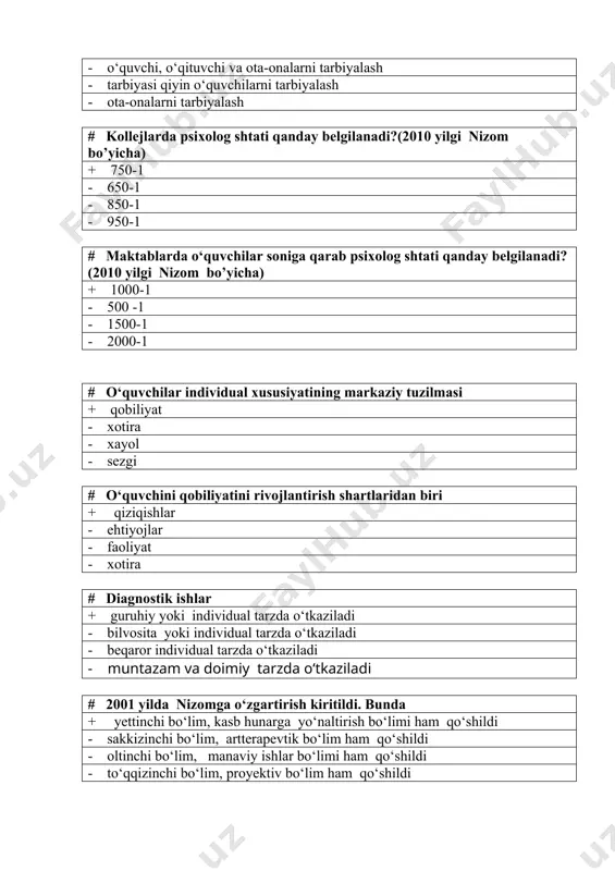 yo‘nalishi + har bir bola individualligini rivojlantirishga, jamiyatda yaratuvchanlik hayotiga psixologik tayyorlikni shakllantirishga qaratilgan - mazkur bolalar muassasasi turli yosh guruhlarida bolalar rivojlanishidagi nuqsonlarni aniqlash bo‘yicha psixodiagnostik ish olib borish - tavsiyalar ishlab chiqish, mazkur bolalar muassasasi tarbiyalanuvchilari bilan profilaktik ish olib borish - rivojlanishida nuqsoni bo‘lgan bolalar bilan psixokorreksiya ishlarini olib borish # dolzarb yo‘nalish + o‘quvchilar ta’lim tarbiyasidagi qiyinchiliklar, ular xulq-atvoridagi, muloqotdagi va shaxsi shakllanishidagi buzilishlar bilan bog‘liq muammolarni hal qilishga qaratilgan - har bir bola individualligini rivojlantirishga, jamiyatda yaratuvchanlik hayotiga psixologik tayyorlikni shakllantirishga qaratilgan - tavsiyalar ishlab chiqish, mazkur bolalar muassasasi tarbiyalanuvchilari bilan profilaktik ish olib borish - rivojlanishida nuqsoni bo‘lgan bolalar bilan psixokorreksiya ishlarini olib borish # ertak terapiyaning asosiy xususiyati + metaforik va o‘zgacha bayon etish uslubiga, tilga ega ekanligidir - bolalar aybdorlik va uyalish hissini sezadilar - bolalarni aldash mumkinligida - bolalarga tushunarliligida # maktabgacha yosh davrida asosiy faoliyat + o‘yin - o‘qish - …