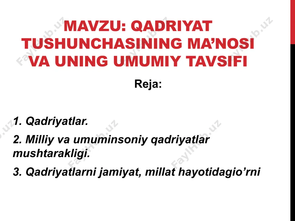 arga bo’lish mumkin. mazmuniga qarab mantiqiy, etik, estetik va narsalar qad-riyatlariga bo’lish mumkin. shuningdek, qadriyatlarni haqi-qatni, ezgulikni, go’-zallikni ulug’lovchi qadriyatlarga ajratish mumkin. qadriyatlar jamiyat ijtimoiy - iqtisodiy, madaniy -ma‘naviy rataqqiyotining mahsulidir. shuning uchun ham qadriyatlarda zamonning ruhi, imkoniyatlari, o’sha zamonda yashagan odamlarning orzu - umidlari, isatklari, atlab va ehtiyojlari o’z ifodasini topadi. zamonlar o’tishi bilan qadriyatlarning mazmuni va ma‘nosi o’zgarib boradi. xuddi shuning uchun ham qadriyatlarning atrbiyaviy ahamiyatga baho berganda konkret atrixiy shart - sharoitlarni doimo nazarda tutmoq zarur. qadriyatlarni jamiyat, millat hayotidagio’rni, ijtimoiy xarakteriga qarab milliy va umuminsoniy, sinfiy yokidiniy, shuningdek kishilarning yoshi, pro-fessional xususiyatlariga xos qadriyatlarga bo’lish mumkin. insonning qadr - qimmati, sha‘ni, or - nomusi, milliy g’ururi - milliy qadriyatlar bilan bevosiat bog’liq. milliy qadriyatlar, har bir millatning o’ziga xos xususiyatlari, xossalari, belgilari, alomatlarini ifodalovchifalsafiy tushunchabo’lib, o’sha millat bosib o’tgan ijtimoiy rataqqiyot jarayonida shakl-langan milliy madaniy meros xazinasiga qo’shgan hissasini, ulushini ifodalaydi. xuddi shu mil-liy o’ziga xoslik, …