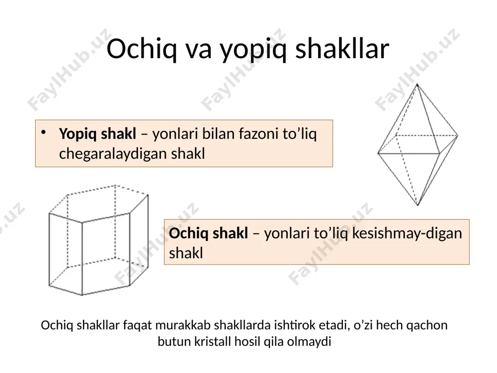 3li44l36p 31. pentagon trioktaedrik – 3l44l36l2 32. geksaoktaedrik – 3l44l3l29pc m: oltin, pirit, olmos, kumush, mis, qo’rg’oshin pirit galit 4 ta 3-darajali simmetriya o’qiga ega kristallar simmetriyasining 32 xil ko’rinishi kristall shakllarining simmetriya ko’rinishlari (sinflari) cheklangan bo’ladi. i. gessel – 1830-y. a.v. gadolin – 1867-y. keyinroq gadolin tomonidan qaytadan kashf qilindi kubik48 tetragonal16 triklinik2 monoklinik4 rombik8 geksagonal24 trigonal12 simmetriya ortadi kubik geksagonal rombik trigonal tetragonal monoklinik triklinik singoniya turlari xususiy va umumiy shakl xususiy shakl – simmetriya vositalariga parallel yoki perpendikular yo’nalgan yoki bir xil simmetriya vositalarini teng kesmalar hosil qilib kesadigan yonlardan iborat bo’lgan sodda shakl murakkablashgan shakllar 1. kristalldagi simmeriya vositalari aniqlanadi 2. simmetriya vositalariga asoslanib, qaysi tabaqa va singoniyaga mansubligi aniqlanadi 3. berilgan shakldagi yonlarning necha turda ekanligiga qarab, undagi sodda shakllar soni aniqlanadi 4. yonlarning soni va ularning simmetriya elementlariga bo’lgan munosabatiga ko’ra sodda shakllar aniqlanadi murakkablashgan shakllar m: realgar kristali – ass 1. bittadan 2-darajali …