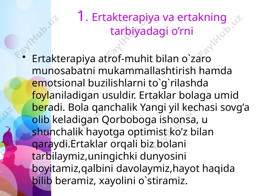 likdan qo`rqishdir… bu siz bilan bizning qo`rquvimiz, ularni bolalarimizniki deb hisoblash kerak emas. 5.xulosa xulosa o`rnida shuni aytish mumkinki, bola xatti-harakatidagi emotsional buzilishlarni, albatta o`yinlar, o`yinchoqlar bolaning tasviriy faoliyati, musiqa, teatr va umuman aytganda san’at yordamida ham to`g`rilasa bo`ladi. lekin, bolalar uchun eng tushunarli va sevimli usul bu – ertakdir. to`g`ri tanlangan ertak yordamida boladagi ko’plab muammolar – qo’rquv,injiqlik kabilarni yo`qotish, bolada qat’iyat va irodani shakllantiradi. ertaklarni faqatgina psixologik terapiyadagina qo`llamay, balki oila davrasida muntazam qo`llash bolalik davridagi eng iliq hislarni bola xotirasida muhrlashga imkon beradi. ertaklar bolaning muammolaridan kelib chiqqan holda tuzilishi, ertak terapiyasini o`tkazish mobaynida bolaning har bir xatti-harakatiga ahamiyat berib borilishi lozim.bolaning individual xususiyatlaridan kelib chiqqan holda ertakni qabul qilish darajasini muntazam kuzatib borish lozim e’tiboringiz uchun rahmat! image2.jpeg image3.jpeg image4.jpg image5.jpg image6.jpg image1.jpeg 2 5_slide 5_slide