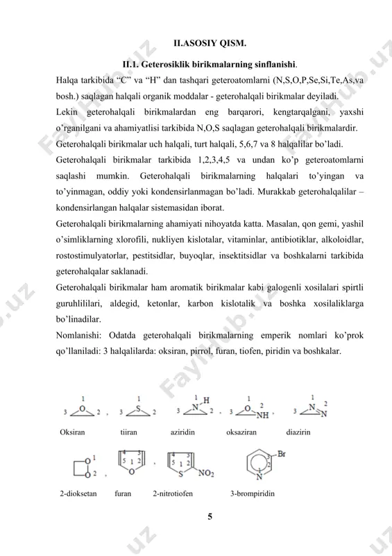 tirib olinadi: bu yerda r=n alkil yoki aril bo’lishi mumkin. fizik va kimyoviy xossalari. furan, tiofen va pirrollar rangsiz suyuqliklar bo’lib, suvda deyarli erimaydilar. furan 320c da, toifen 84,180c, pirrol esa 1310c da qaynaydi. besh a’zoli geterotsikllar uchun biriktirib olish, almashinish, halqa ochilishi bilan boruvchi reaksiyalar, geteroatomni almashinishi hamda halqani kengayishi bilan boruvchi reaksiyalar xosdir. 1. kislota va asoslar ishtirokidi boruvchi reaksiyalar. furan va pirrol kislotalar ta’siriga chidamsiz. ular kislotalar ta’sirida polimerlanib ketadilar yoki ularning halqasi ochilib ketadi. chunki, furan va pirrolga kislota bilan ta’sir etilganda ular protonni oson biriktirib oladilar va aromatik hususiyatni yo’qoladi: pirrol ham konsentrlangan mineral kislotalar ta’sirida rangli polimer moddalarni hosil qiladi. pirrolni gidroksiaminni spirtdagi eritmasi bilan qo’shib qizdirilganda 1,4- diketonlarning dioksimlari hosil bo’ladi: tiofen furan va pirroldan farqli o’laroq kislota ta’siriga chidamli, ya’ni u kislotalar ta’sirida aromatik xususiyatini yo’qotmaydi. furan va tiofen ishqorlar va ishqoriy metallar ta’siriga chidamli. pirrol esa kuchsiz kislota hisoblanadi. uning kislotalik …