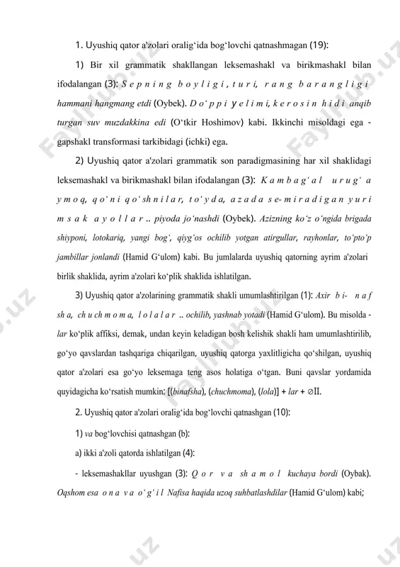i n l a r bor edi (oybek). b) ko‘p a'zoli qatorda oxirgi a'zo oldida ishlatilib, sanashning tugashini ifodalashga ham xizmat qilgan; a'zolar leksemashakl hamda birikmashakl bilan ifodalangan va ular bir xil grammatik shakllangan (2): uyning devorlaridan n a m, m o g‘ o r h i d i v a s o v u q esadi (oybek). bu ko‘zlarda t u y g‘ u n l i k, o l i j a n o b- l i k, k o‘ n g i l n i n g b a h o r i y t o z a l i g i, i l i q l i g i v a q a n d a y- d i r p a r i sh o n x a yo l ch a n l i k jilvalanar edi (oybek). 2) bilan ko‘makchisi bog‘lovchi vazifasida ikki …