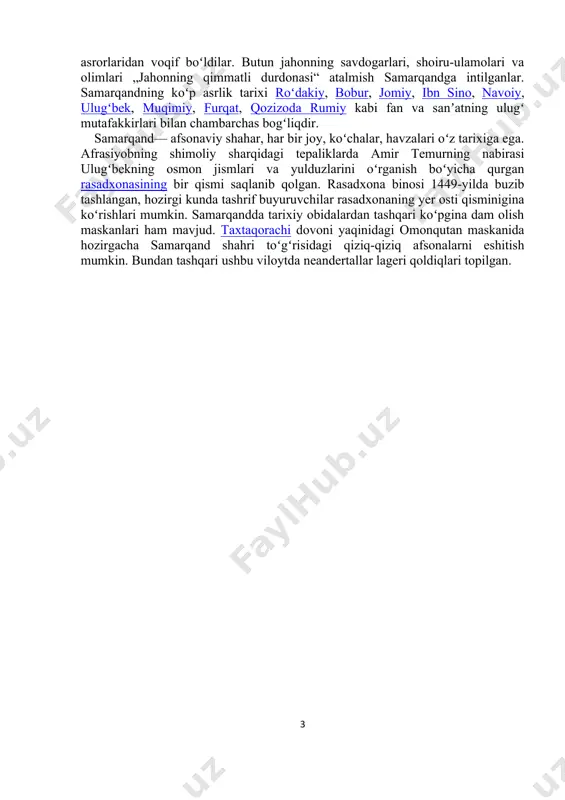 joylashgan. u toʻrtta inshootdan iborat boʻlib, bular kirish galeriyasi, asosiy maschid va ikkita kichik maschidlar, ular bir-biri bilan aylanma gumbazli va uch qatorli tosh devorlar orqali bogʻlangan. samarqand maqbaralari ichida eng mashhuri goʻri amirdir. bu maqbara amir temurning suyukli nabirasi muhammad sultonga atalgan edi, lekin hozirgi kunda bu yerga amir temur, uning oʻgʻillari va boshqa nabiralari, oʻrta asrlarning ulugʻ olimi ulugʻbek dafn etilgan, bu maqbara temuriylar maqbarasiga aylangan. eski samarqandning markazi registon sanaladi. bu yerga shaharning hamma tomonidan koʻchalar keladi. eski davrlarda maydondan katta kanal oʻtgan va u juda koʻp qum uyumlarini oqizib kelgan. shu sababli bu maydon registon nomini olganki, maʼnosi „qumli joy“ yoki „qumli maydon“ maʼnosini anglatadi. registon xv asrgacha katta savdo markazi boʻlgan. ulugʻbek samarqandni boshqargan 1409-1447 yillarda maydon harbiy koʻriklar, qoʻshinlarni koʻrikdan oʻtkazish, farmonlar oʻqib eshittiriladigan joyga aylangan. hozirgi kunda registon maydonini uchta madrasa: sherdor, tillakori (xvii asrda qurilgan) va ulugʻbek (xv asrda qurilgan) madrasalari bezab …