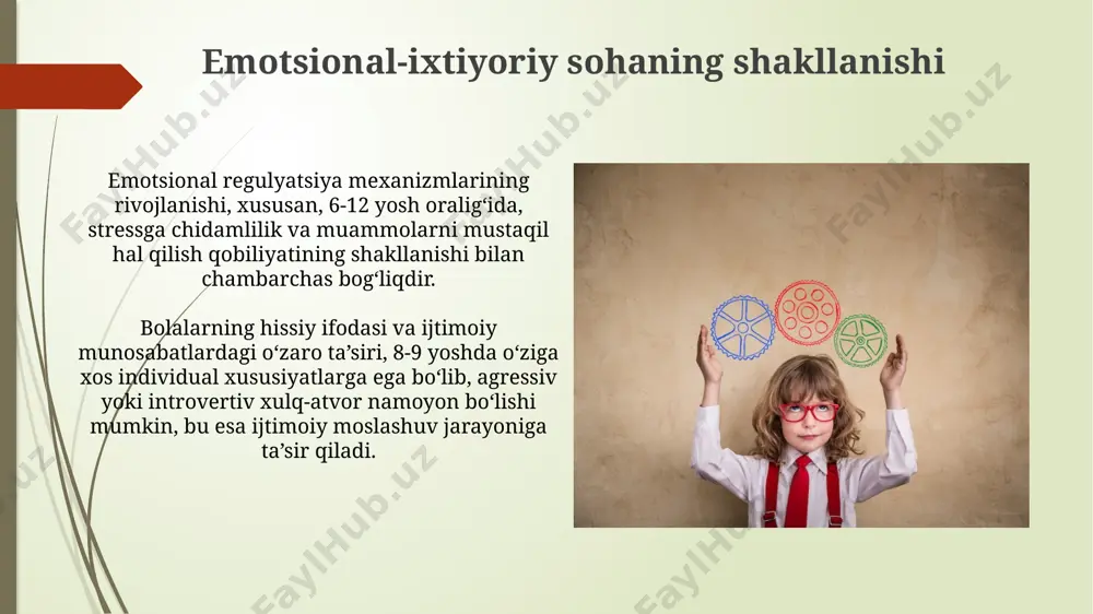 mumkin, bu esa ularning fikrlash jarayonlarini yanada boyitadi va murakkab muammolarni hal qilish imkonini beradi. maktab yoshidagi bolalar deduktiv mantiqni rivojlantirish bosqichida bo'lib, ular qoidalar va faktlar asosida xulosalar chiqarishga o'rganadilar, ammo bu jarayon hali yetarlicha rivojlangan emas va xatolarga yo'l qo'yishlari mumkin. xulq-atvor xususiyatlari va ularning shakllanishi ijtimoiy-emotsional rivojlanishning muhim ko'rsatkichi bo'lmish empatiya qobiliyati 9-11 yoshda sezilarli darajada o'zgaradi, bu esa tengdoshlar bilan munosabatlarning murakkablashuviga olib keladi. bolalarning 8-10 yosh oralig'ida o'ziga xos xulq-atvor namunalari – masalan, mustaqillikka intilish yoki hamkorlikka moyillik – shaxsiyatning mustahkamlanishiga asos bo'lib xizmat qiladi. ta'lim muassasasining roli ta'lim muassasalari, o'qituvchilarning professionalligi va samarali pedagogik uslublarini qo'llash orqali, bolaning shaxsiy rivojlanishida 70% gacha hissa qo'shishi mumkin. ta'lim muassasalari 6-12 yoshli bolalarning ijtimoiy-emotsional rivojlanishiga katta ta'sir ko'rsatib, tengdoshlari bilan muloqot qilish ko'nikmalarini shakllantirishda muhim rol o'ynaydi. o'z-o'zini anglash va o'ziga bo'lgan munosabat oʻziga ishonch va oʻziga boʻlgan hurmat hissi, ijobiy ijtimoiy tajriba va kattalarning qoʻllab-quvvatlashi bilan …