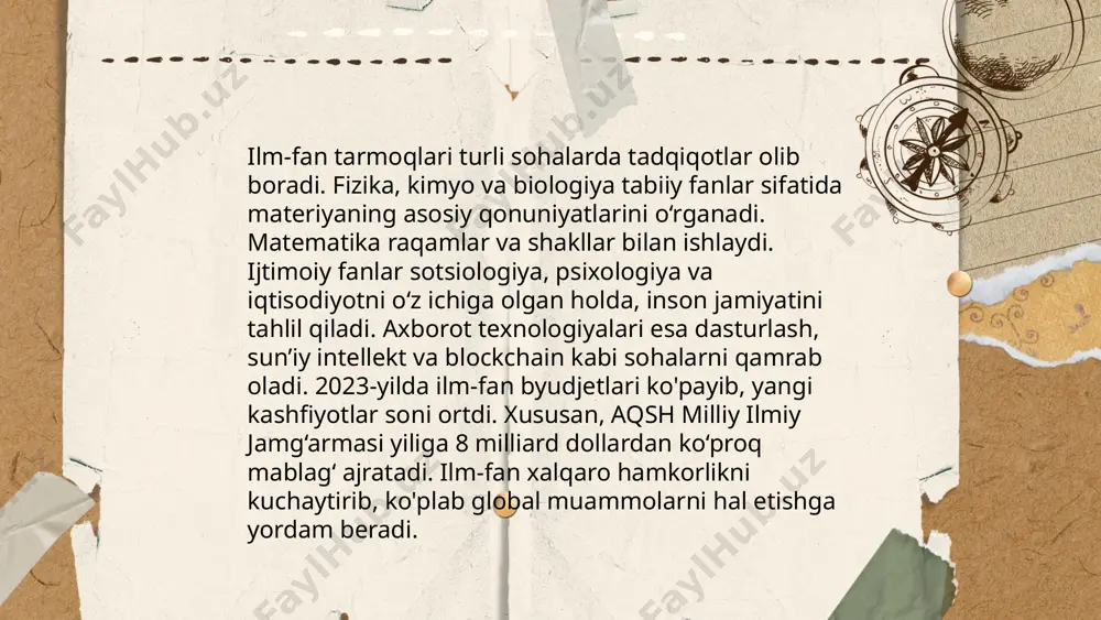 nashr qilish. dastlab, ilmiy muammo yoki savol aniqlanadi. keyin, ma'lumotlar to'planadi va analitik usullar yordamida tahlil qilinadi. bunda ilmiy tadqiqotlarning sifatli va ishonarli bo'lishi uchun olingan ma'lumotlar tekshiriladi va tasdiqlanadi. oxirida esa xulosalar chiqarilib, yangi bilimlar rahbarlar, ilmiy jamoalar yoki keng jamoatchilik bilan baham ko'riladi. ... t.me/slaydai_bot 10-sinf matematika va tabiiy fanlar o'quv dasturi o'quvchilarni ilg'or algebra va geometriya, shuningdek, fizika va kimyo asoslari bilan tanishtiradi. algebra bo'limida kvadrat tenglamalar, tengsizliklar va funksiya grafiklari, geometriyada esa uchburchak va ko'pburchaklar xususiyatlari o'rganiladi. fizika fanida mexanika, elektrik va magnit maydonlar, optika va termodinamika masalalari ko'rib chiqiladi. kimyo darslari atom tuzilishi, davriy jadval, kimyoviy reaksiyalar va molyula tuzilishi kabi mavzularni qamrab oladi. ushbu fanlar o'quvchilarni mantiqiy va ilmiy fikrlash qobiliyatlarini rivojlantirishga yordam beradi hamda kelajakdagi akademik va kasbiy yo'nalishlar uchun tayyorlaydi. ... t.me/slaydai_bot gumanitar fanlar insoniyatning madaniyati, tarixi, falsafasi, san’ati va tillarini o‘rganishga yo‘naltirilgan fanlar to‘plami hisoblanadi. bu fanlar tarix, adabiyot, san'at tarixi, …