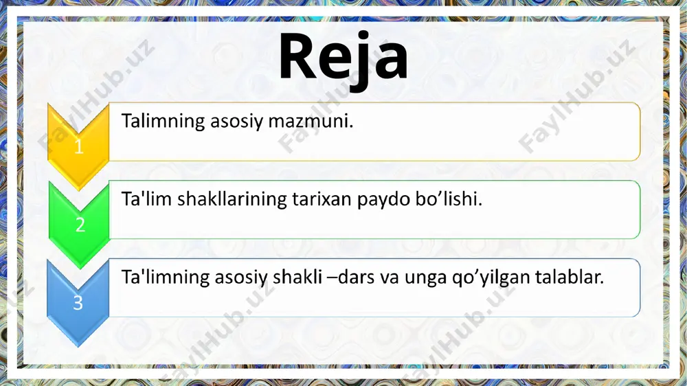 ‘lmagan o‘qituvchilarga bir o‘quv yilida 250 soatgacha hajmda ma’ruza mashg‘ulotlarini o‘tishga universitet kengashining qaroriga asosan ruxsat beriladi. kafedra mudiri 650-700 soat o‘quv soatlari hajmi 350-400 soatdan kam bo‘lmasligi tavsiya etiladi professor, fan doktori 650-700 soat dotsent, fan nomzodi 750-800 soat katta o‘qituvchi 800-850 soat o‘qituvchi, o‘qituvchi-stajyor 850-900 soat professor-o‘qituvchilarning o‘quv yuklamalarini taqsimoti bo‘yicha tavsiya: o`quv-rеjasini tuzishda quyidagi omillarga asoslaniladi o`quv tarbiya ishining maqsadi, o`quvchilarga aniq ilmiy bilim bеrish, olgan bilimlarini ko'nikmaga aylantirib, uni hayotga qo'llay olishga o`rgatish. o`quv dasturi - har bir alohida fan uchun tuziladi. dastur o`quv rеjasiga asoslanadi. o`quv dasturida mavzu maqsadi qisqacha izohlanadi. dasturda fanning mazmuni, mavzu kеtma- kеtligi, ikkinchi mavzu birinchisini to'ldirishi, izchilligi bilan yoritiladi va ma'lum mavzular orqali ko`rsatiladi. fanning maqsad va vazifalaridan kеlib chiqqan holda yo'nalishlari ajratiladi. ular boblarga bo'linadi. boblar katta-katta mavzularga, katta mavzular esa kichik mavzularga bo'linadi va o`quvchilarga tushuntiriladi. o`quv dasturining o`zini amal qilishi kеrak bo'lgan qoidalari mavjud. o`quv dasturini tuzishda …