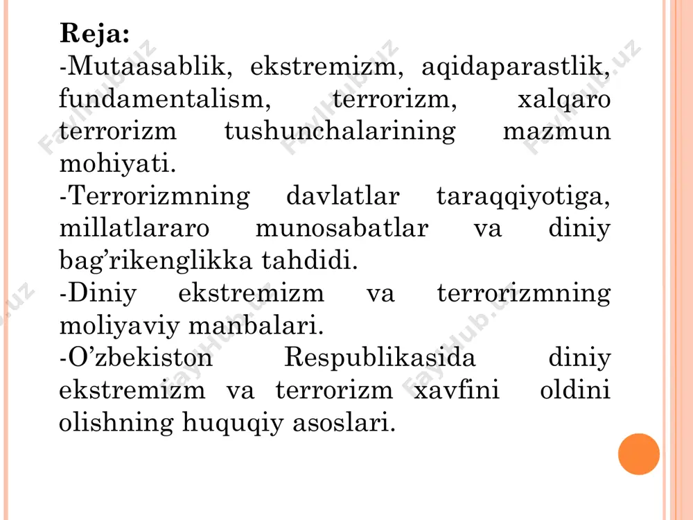 lib keladi. «diniy ekstremizm» – jamiyat uchun an‟anaviy bo„lgan diniy qadriyatlar va aqidalarni rad etish, ularga zid g„oyalarni aldov va zo„rlik bilan targ„ib qilishga asoslangan nazariya va amaliyotni anglatadi. ekstremistik qarashlarni barcha dinlarda, buddizm, xristianlik, islomdagi turli oqimlarda uchratish mumkin. «terror»– (lotincha – «qo„rqitish», «vahimaga solish») – aholining keng qatlamlarida dahshat va qo„rquv uyg„otish, jamiyatda beqarorlik keltirib chiqarish orqali davlat hokimiyatini egallash maqsadiga qaratilgan jinoiy faoliyatdir. terror, terrorchilik faoliyati, terrorchi birgalikda bir butun hodisa sifatida terrorizmni tashkil etadi. hozirgi davrda u global miqyos kasb etib, xalqaro terrorizmshaklini oldi. xalqaro terrorizm-xalqaro terrorizm tushunchasi davlatlar, xalqaro tashkilotlar, siyosiy partiya va harakatlarni beqarorlashtirishga qaratilgan siyosiy qo„poruvchilik faoliyatini ifodalaydi. u alohida siyosiy arboblarni o„ldirish yoki ularga qasd qilish orqali xalqaro ijtimoiy-siyosiy aks-sado beradigan buzg„unchi siyosiy harakatlarni ifodalash uchun ham ishlatiladi. terrorchilik harakatlarining: - xalqaro huquq himoyasidagi ob‟ekt yoki sub‟ektlarga qarshi qaratilgani; - davlatlar chegaralarini buzish orqali amalga oshirilishi; - a‟zolari ikki yoki undan ortiq …