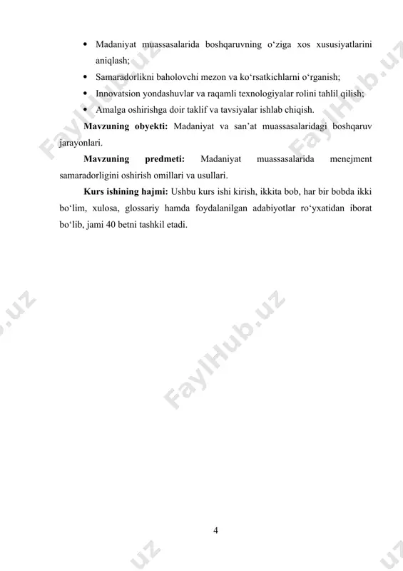 r sohaga mos yondashuvlar va boshqaruv tizimlari talab etiladi. madaniyat va san’at sohasida boshqaruvning o‘ziga xos jihatlari mavjud. ushbu sohada boshqaruv faqat iqtisodiy samaradorlikni ta’minlash emas, balki estetik, madaniy va ijtimoiy omillarni ham inobatga olishni taqozo etadi. madaniyat va san’at muassasalarida boshqaruvning o‘ziga xosligi quyidagi jihatlarda ko‘zga tashlanadi. birinchidan, madaniyat va san’at sohasidagi boshqaruv ijodiy jarayonlarga katta ta’sir ko‘rsatadi. san’atkorlar va ijodiy jamoalar o‘z faoliyatlarida yuqori darajada erkinlikka ega bo‘lishni xohlaydilar, shuning uchun boshqaruv jarayonlari ijodiy yondashuvlarni va innovatsiyalarni rag‘batlantirishi kerak. bu boshqaruvning an’anaviy sohalardagi boshqaruvdan farqli jihatidir, chunki boshqa sohalarda samaradorlik ko‘proq texnologik va ishlab chiqarish jarayonlari bilan bog‘liq bo‘lsa, madaniyat va san’atda asosan inson omili, uning ijodiy salohiyati va shaxsiy yondashuvi muhim rol o‘ynaydi¹. ikkinchidan, madaniyat va san’at sohasidagi boshqaruv ko‘proq ijtimoiy va madaniy qadriyatlarni rivojlantirishga qaratilgan bo‘ladi. boshqaruvchilarning ___________ ¹ florida, r. (2002). the rise of the creative class: and how it’s transforming work, leisure, community and …
